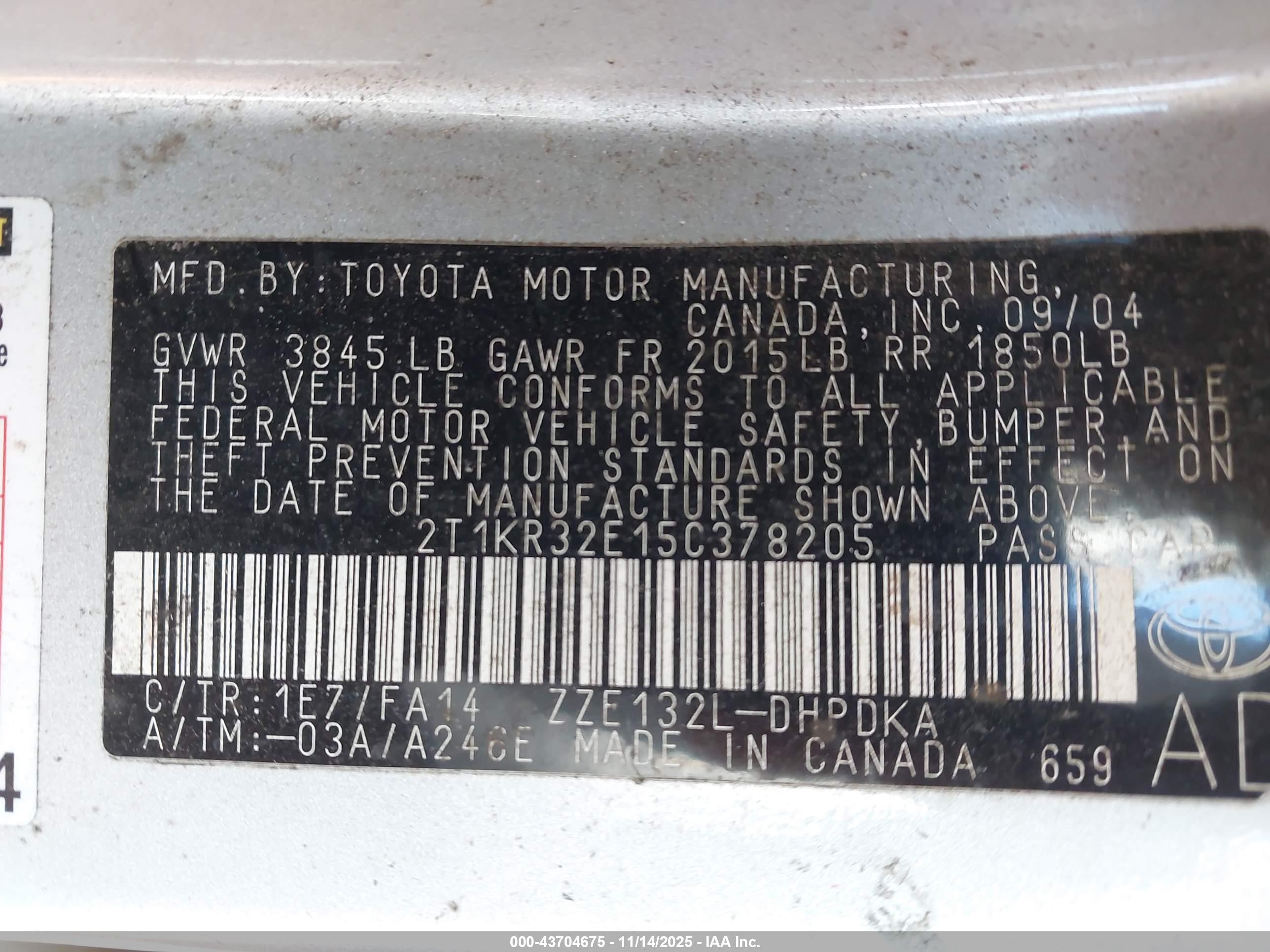 2005 Toyota Matrix Серебряный vin: 2T1KR32E15C378205