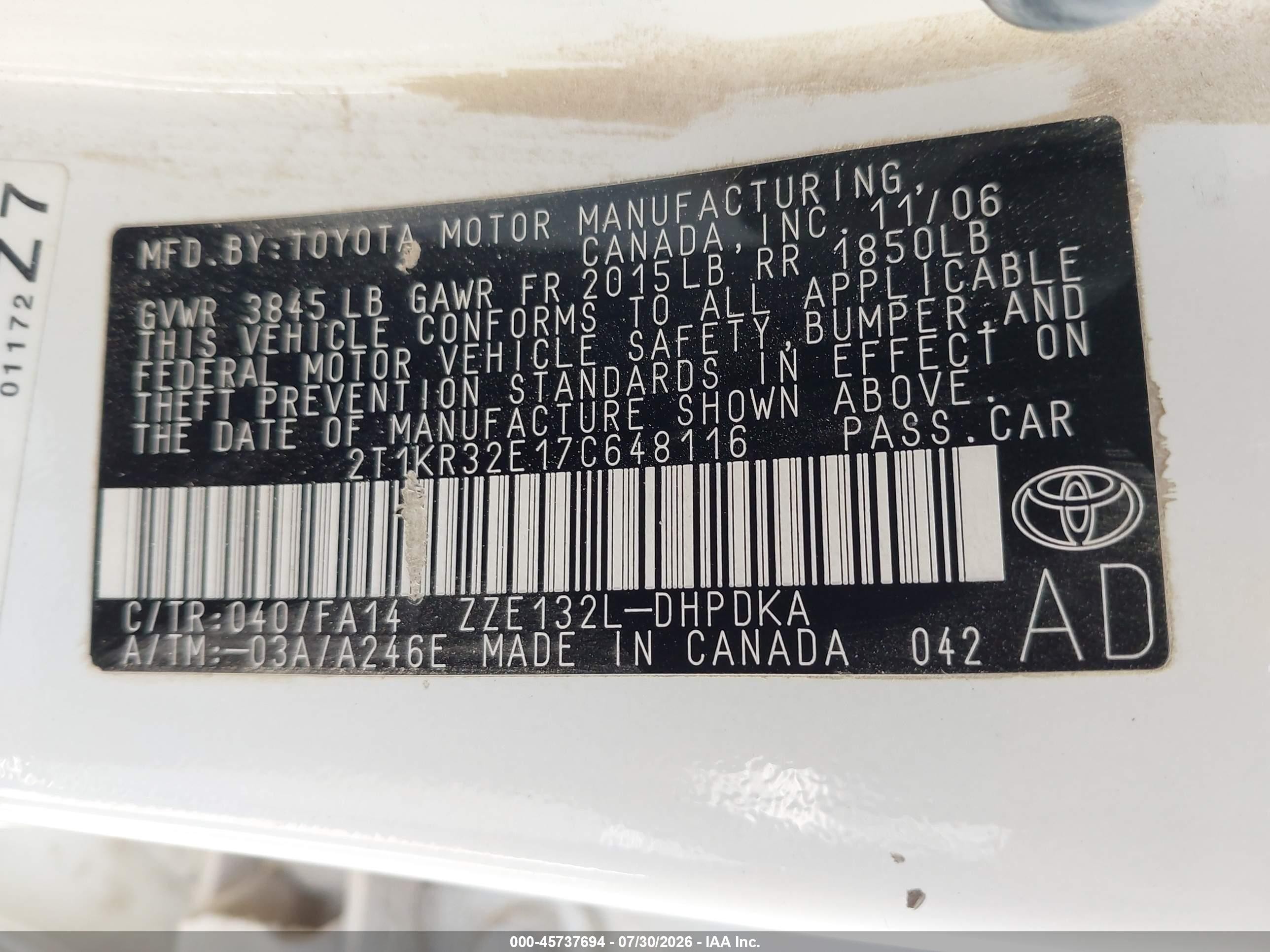 2007 Toyota Matrix   White vin: 2T1KR32E17C648116