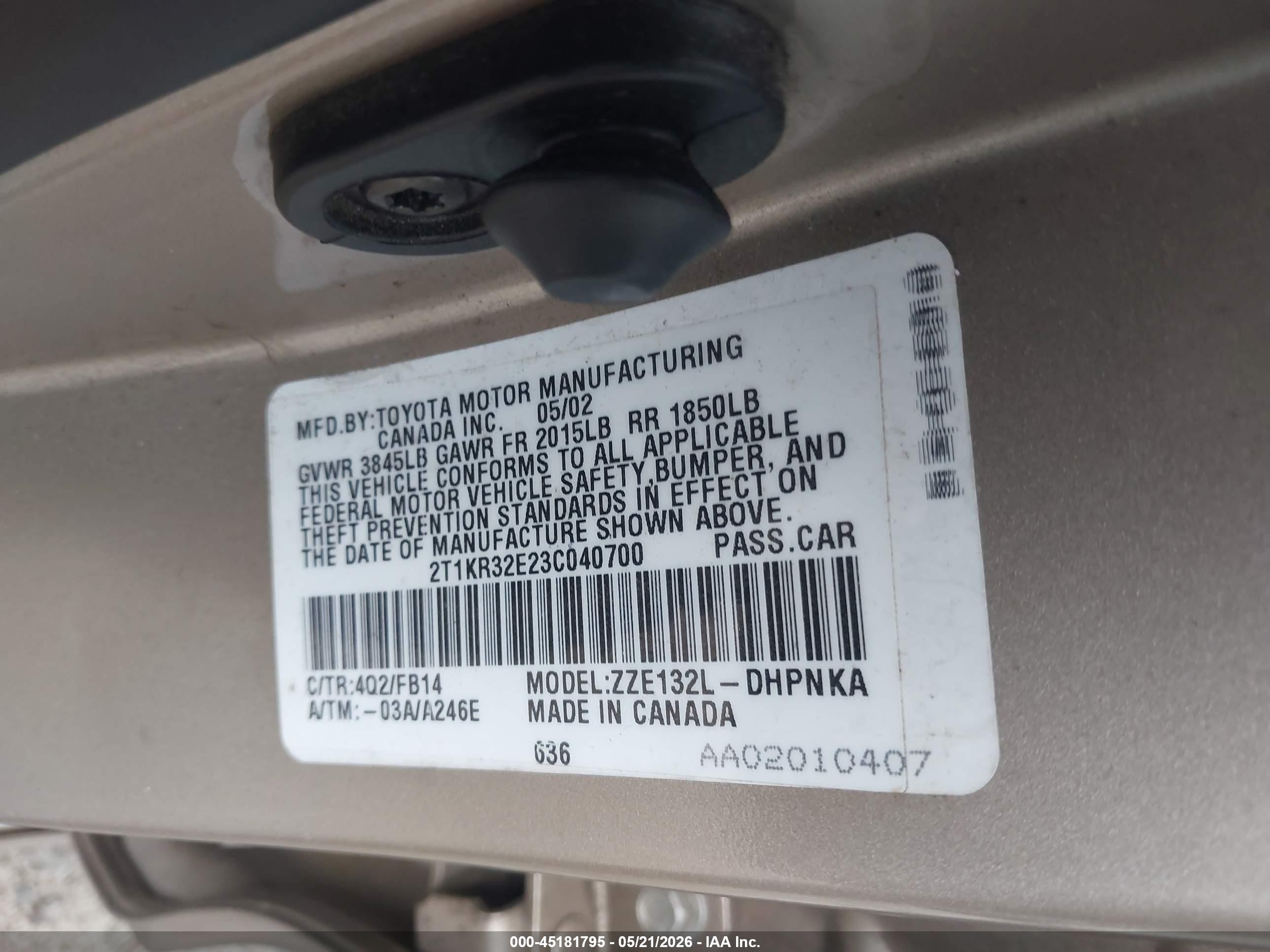 2003 Toyota Matrix Xr Gold vin: 2T1KR32E23C040700