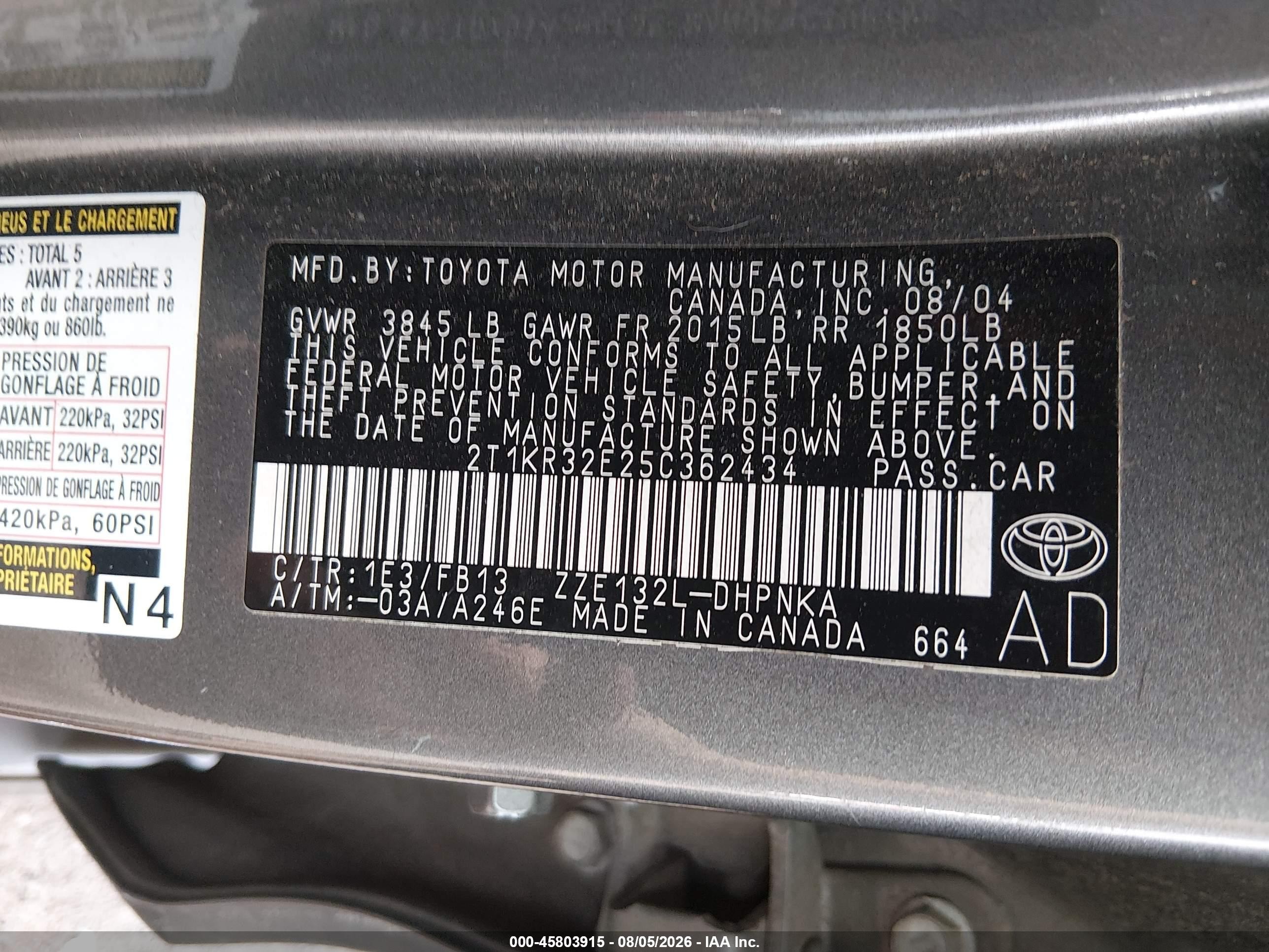 2005 Toyota Matrix Xr Gray vin: 2T1KR32E25C362434