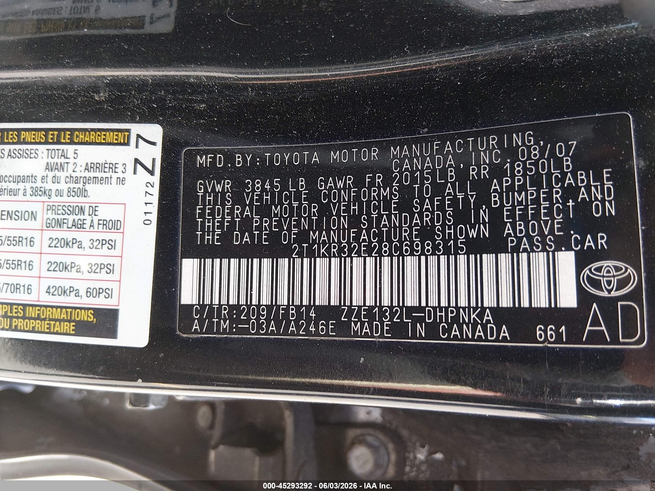2008 Toyota Matrix Xr Black vin: 2T1KR32E28C698315