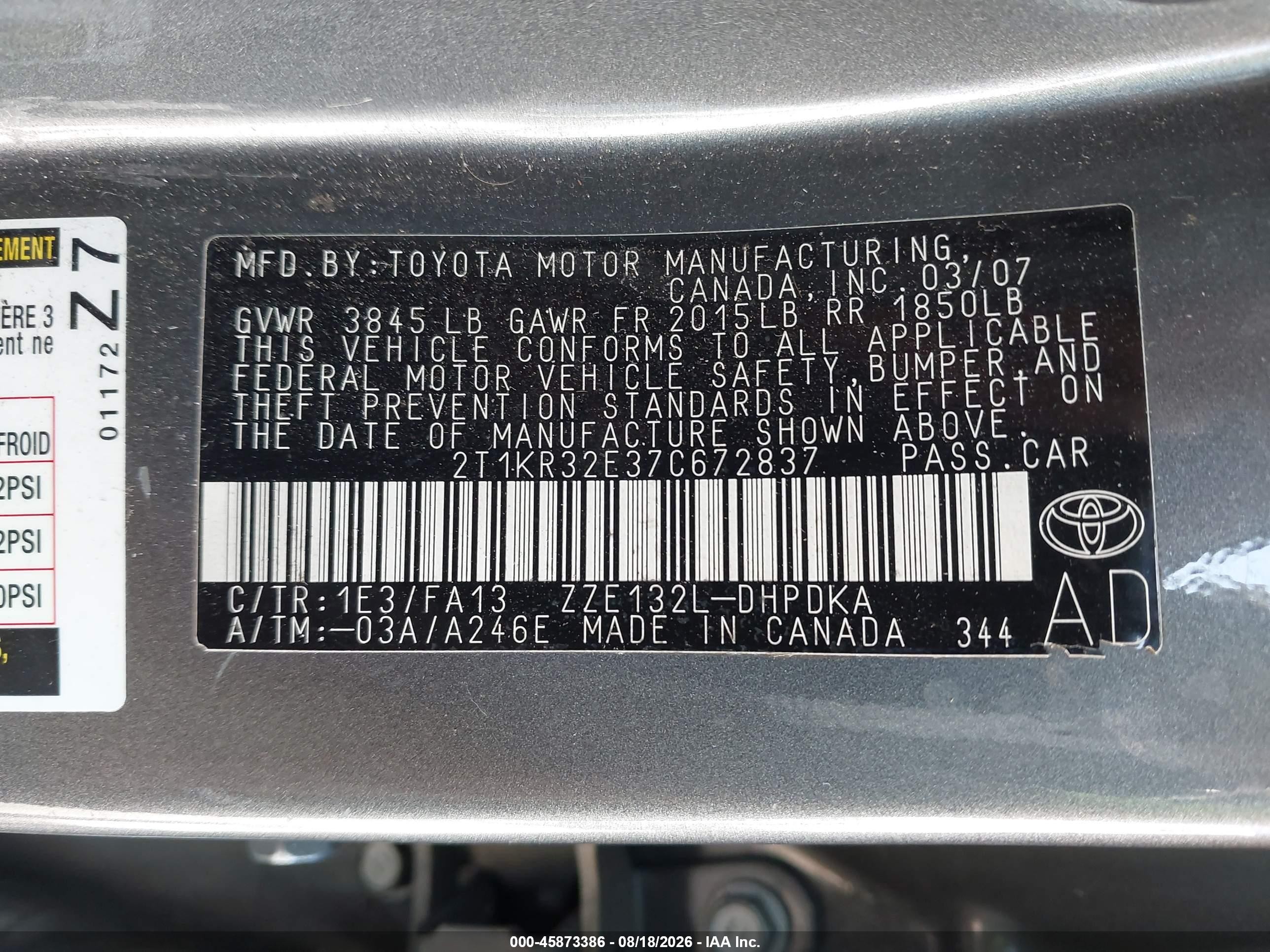 2007 Toyota Matrix   Gray vin: 2T1KR32E37C672837