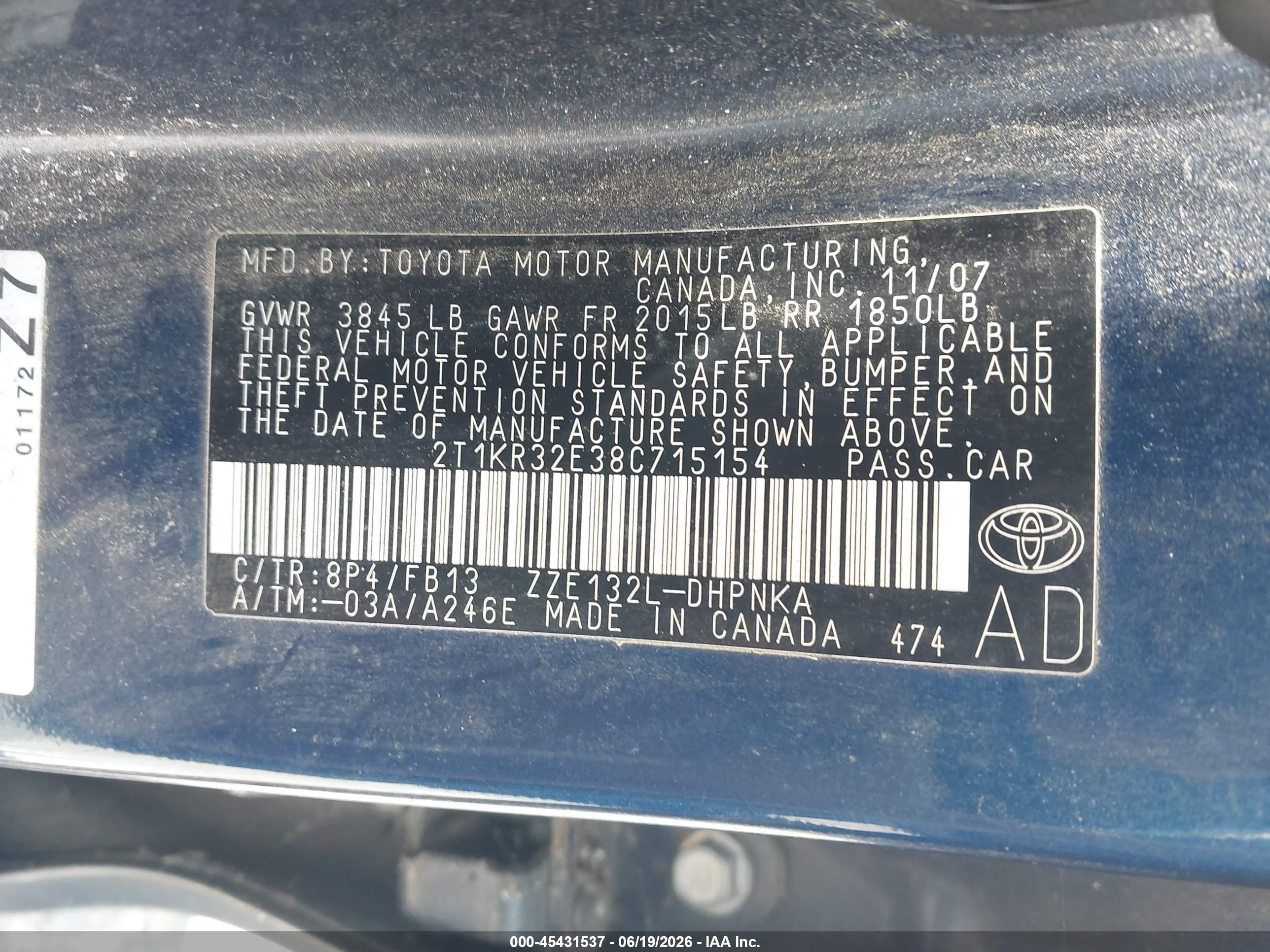 2008 Toyota Matrix Xr Blue vin: 2T1KR32E38C715154