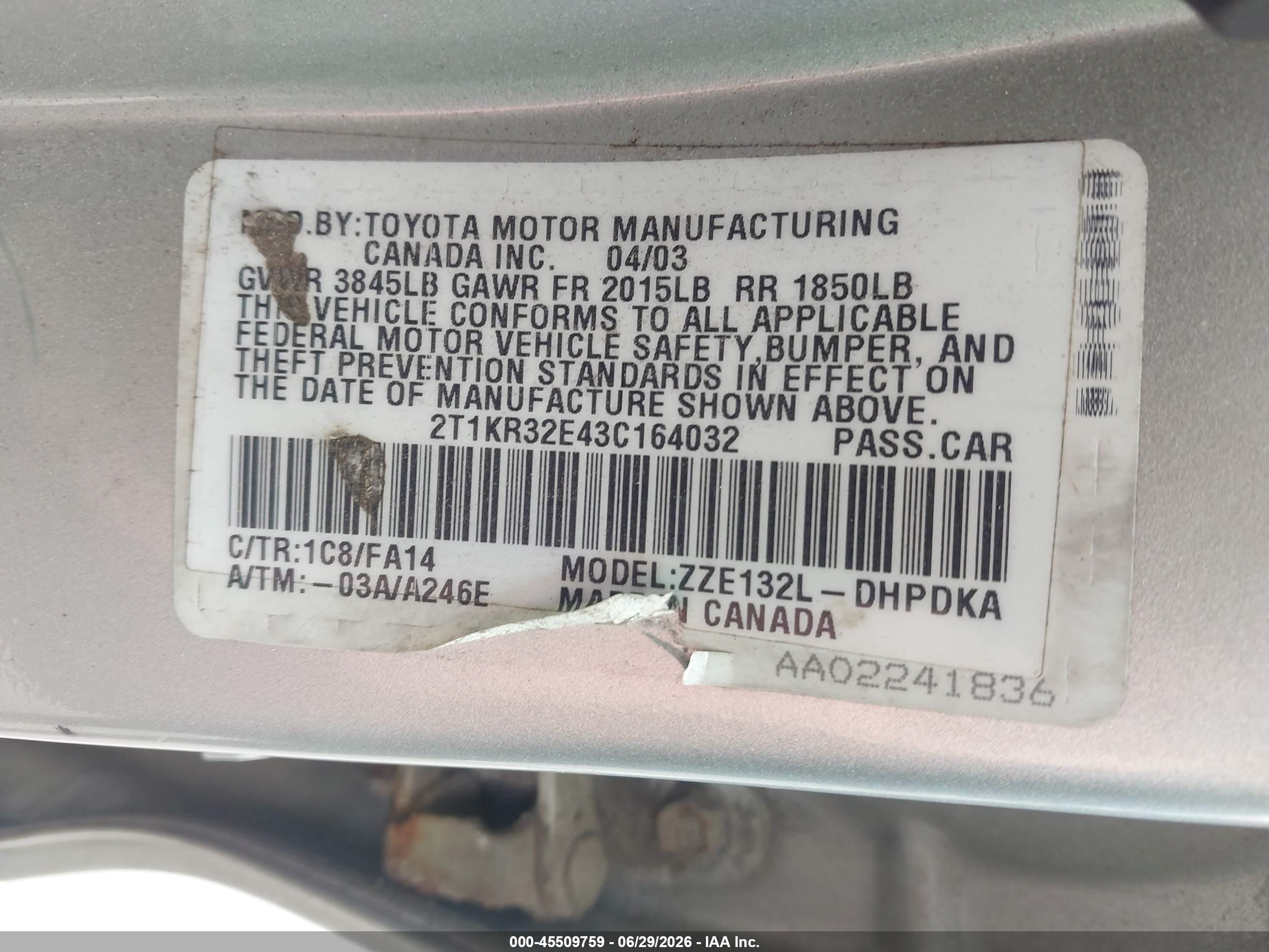 2003 Toyota Matrix Standard Silver vin: 2T1KR32E43C164032