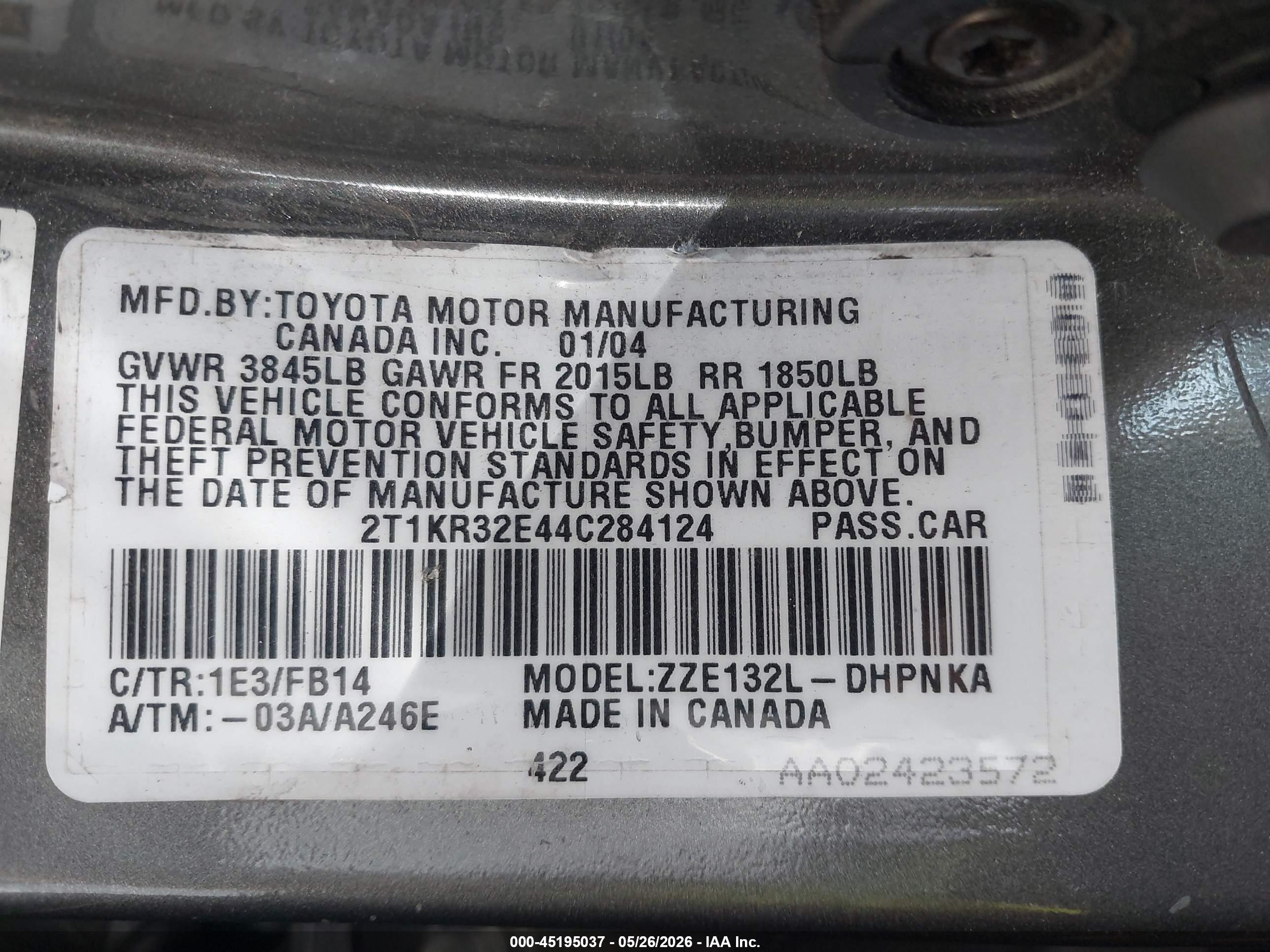 2004 Toyota Matrix Xr Gray vin: 2T1KR32E44C284124