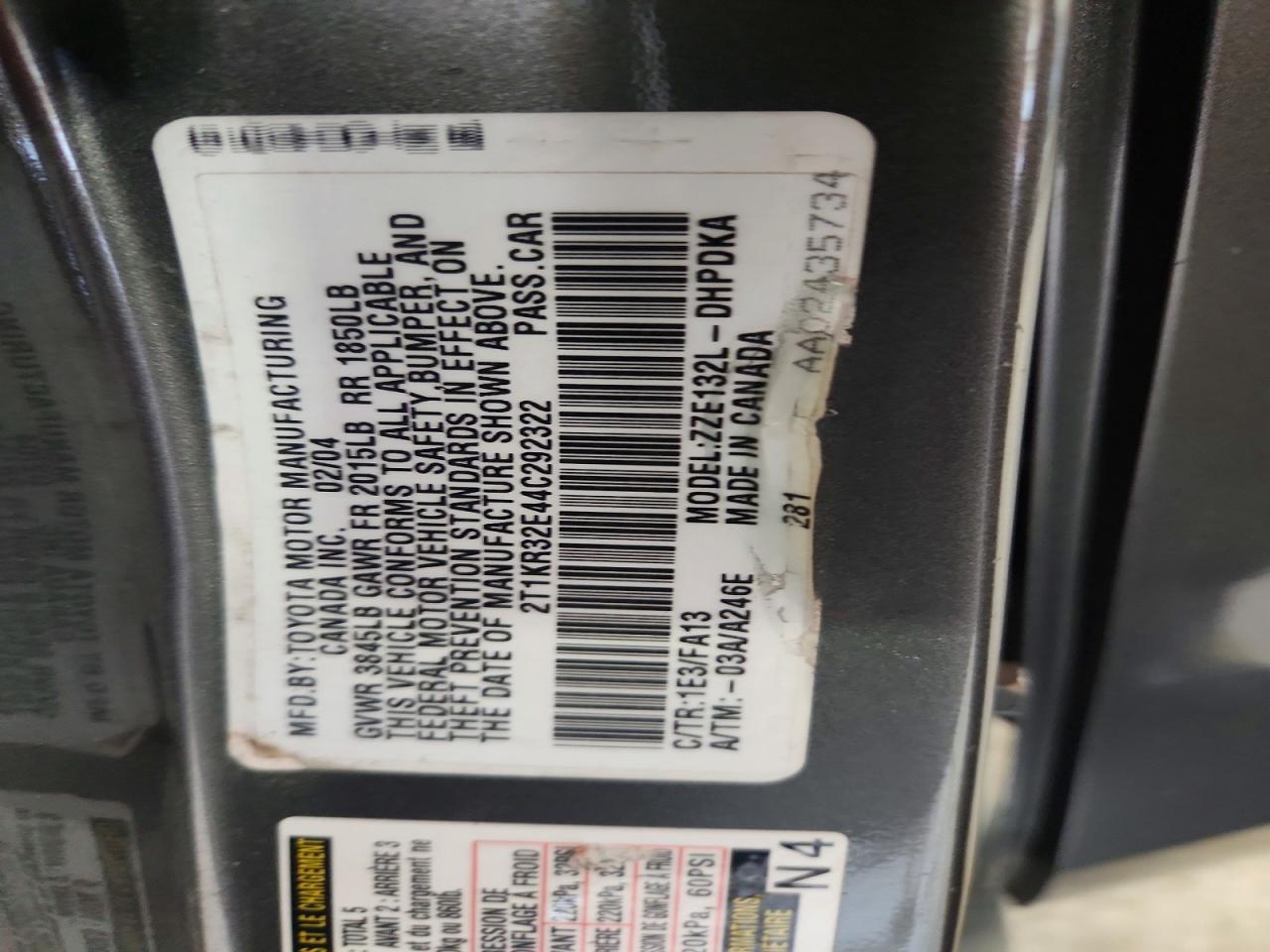 2004 Toyota Corolla Matrix Xr Gray vin: 2T1KR32E44C292322