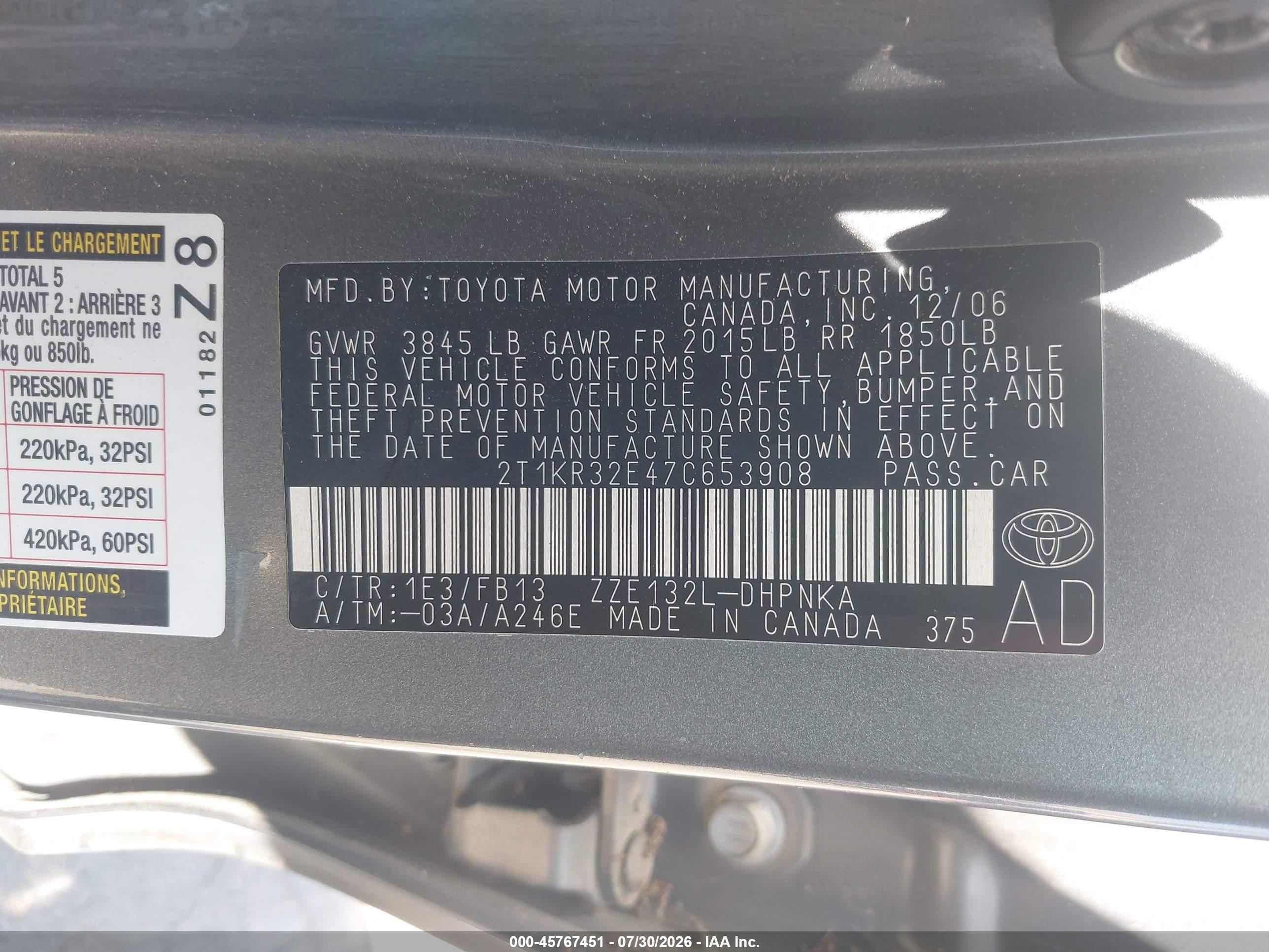 2007 Toyota Matrix Xr Gray vin: 2T1KR32E47C653908