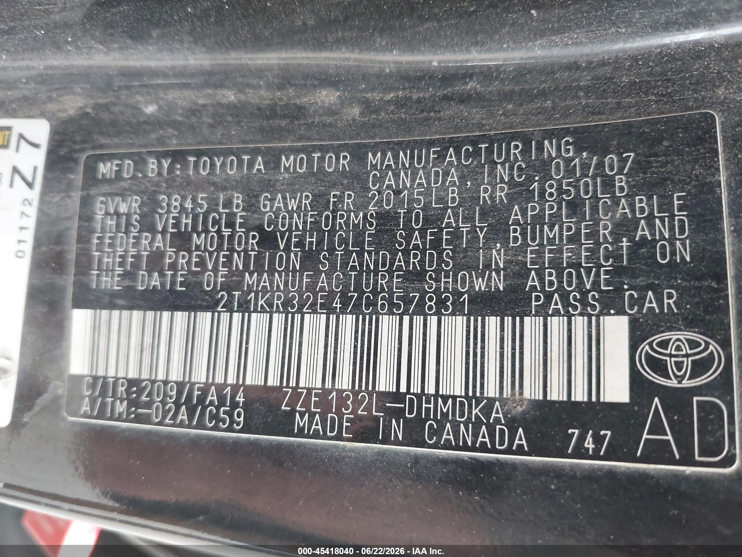 2007 Toyota Matrix   Black vin: 2T1KR32E47C657831