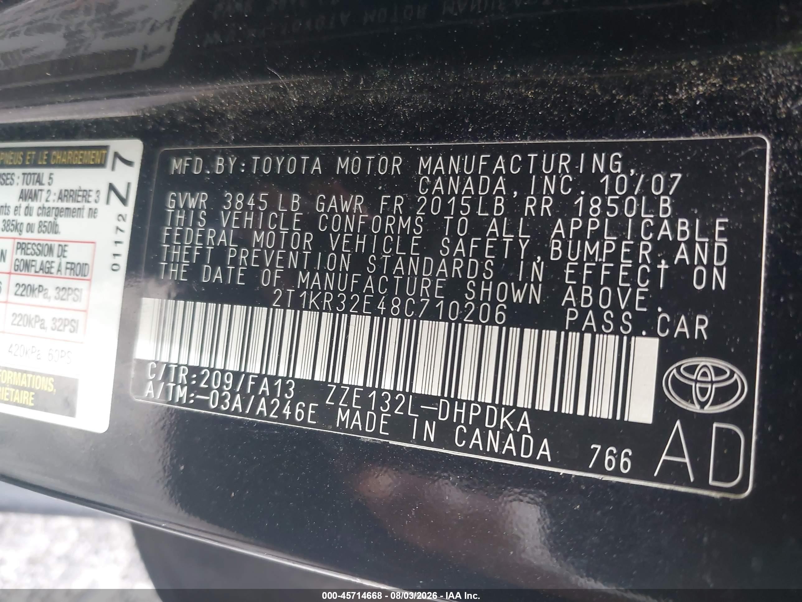 2008 Toyota Matrix Std Black vin: 2T1KR32E48C710206