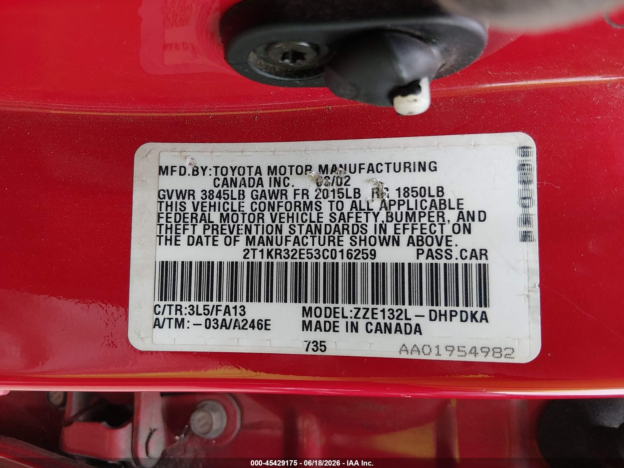 2003 Toyota Matrix Standard Red vin: 2T1KR32E53C016259