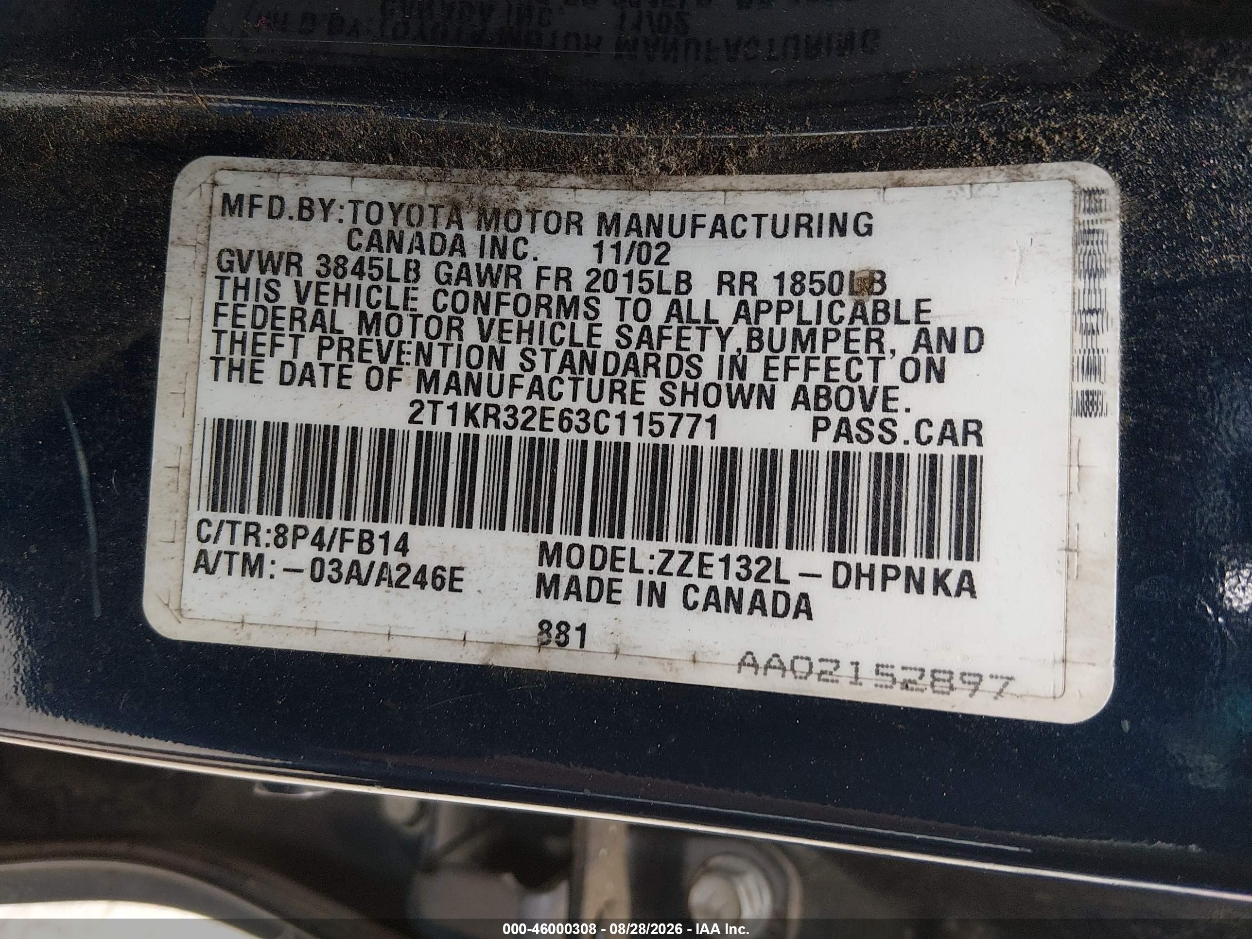 2003 Toyota Matrix Xr Black vin: 2T1KR32E63C115771