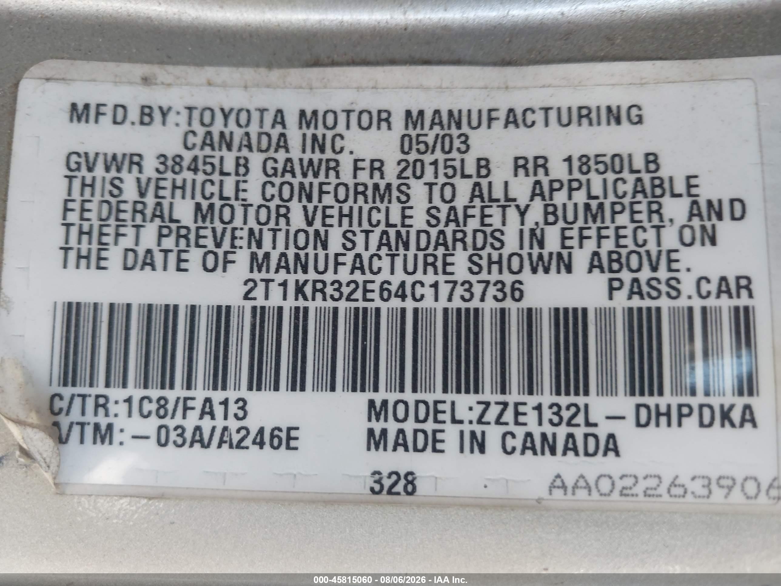 2004 Toyota Matrix Standard Silver vin: 2T1KR32E64C173736