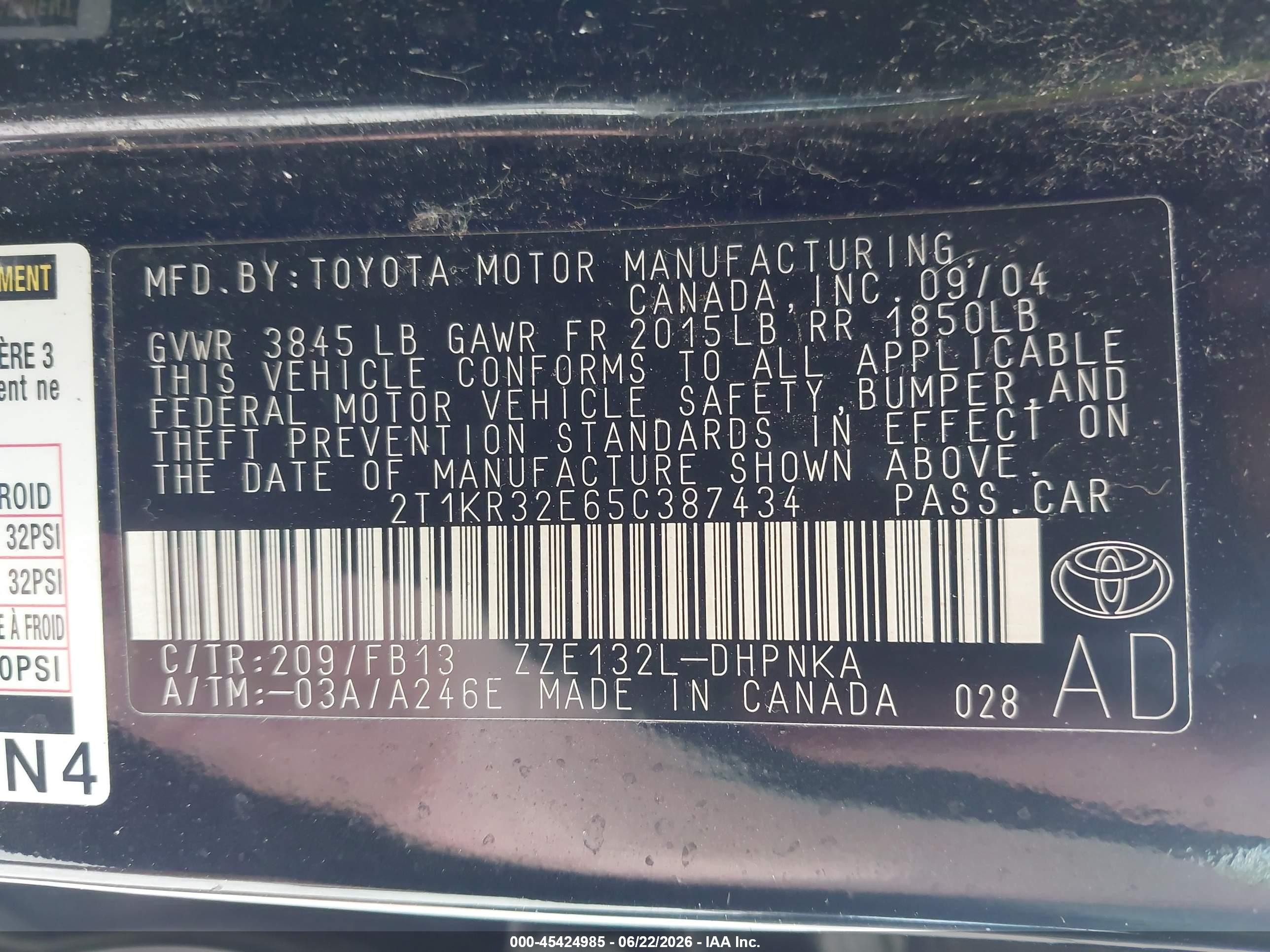 2005 Toyota Matrix Xr Black vin: 2T1KR32E65C387434