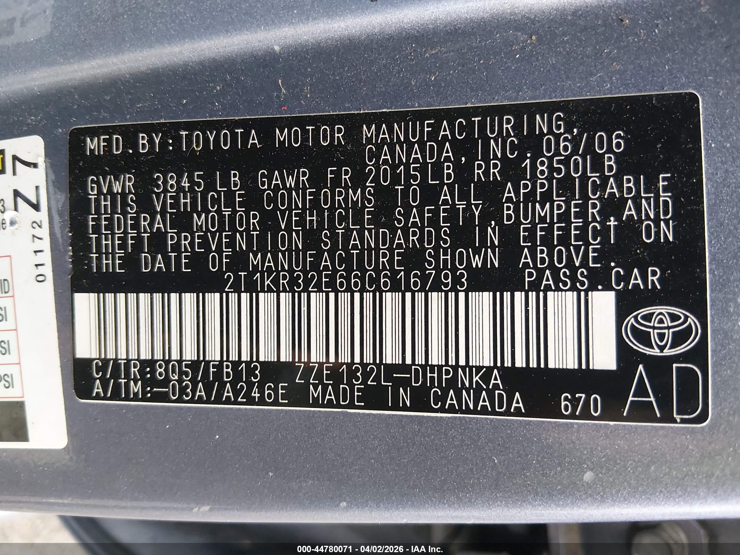 2006 Toyota Matrix Xr Light Blue vin: 2T1KR32E66C616793