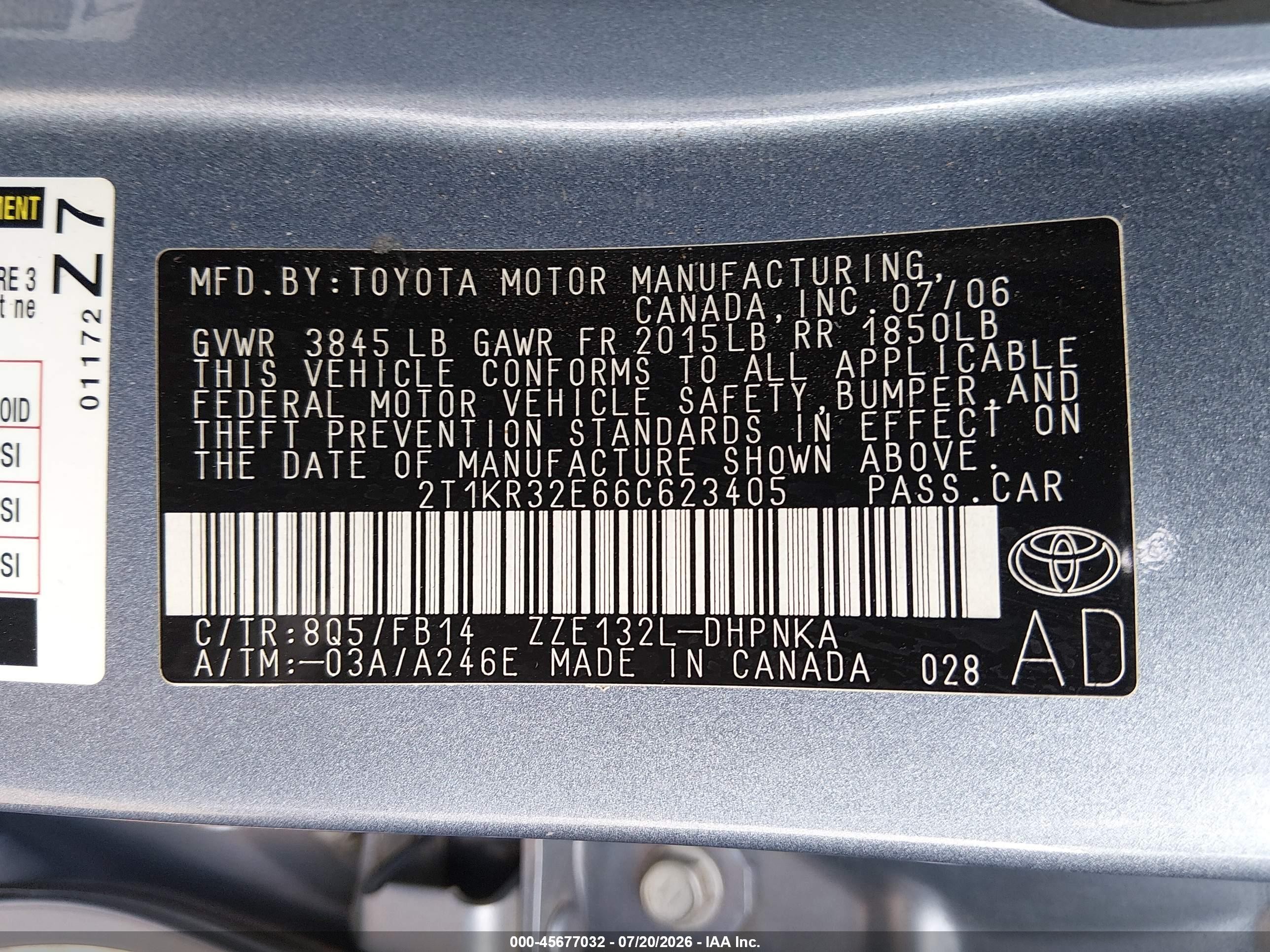 2006 Toyota Matrix Xr Light Blue vin: 2T1KR32E66C623405