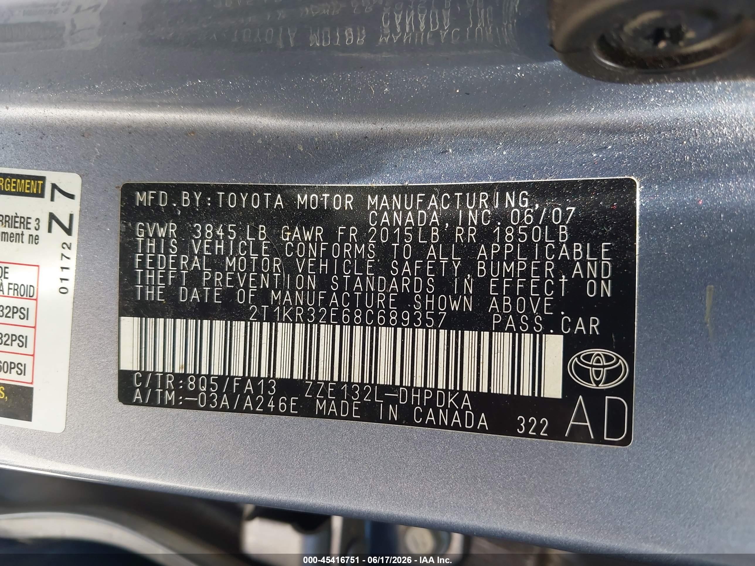2008 Toyota Matrix Std Light Blue vin: 2T1KR32E68C689357