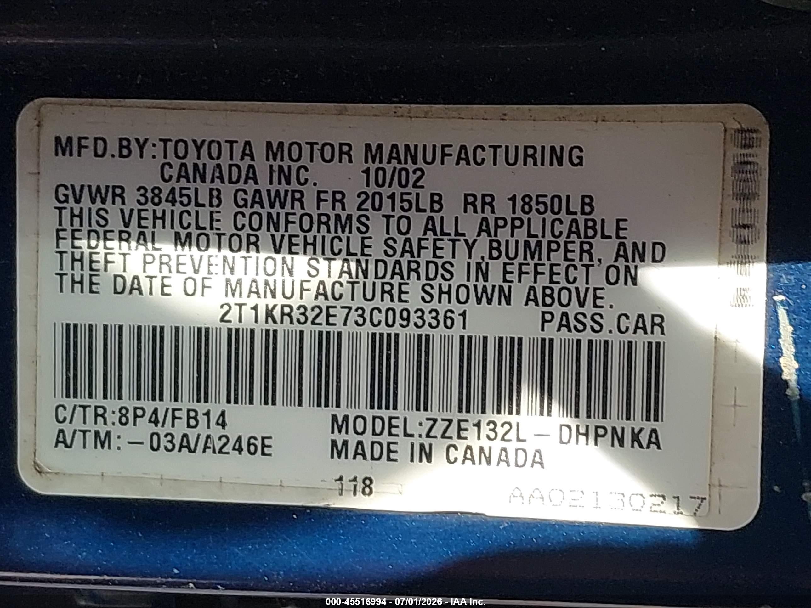 2003 Toyota Matrix Xr Blue vin: 2T1KR32E73C093361