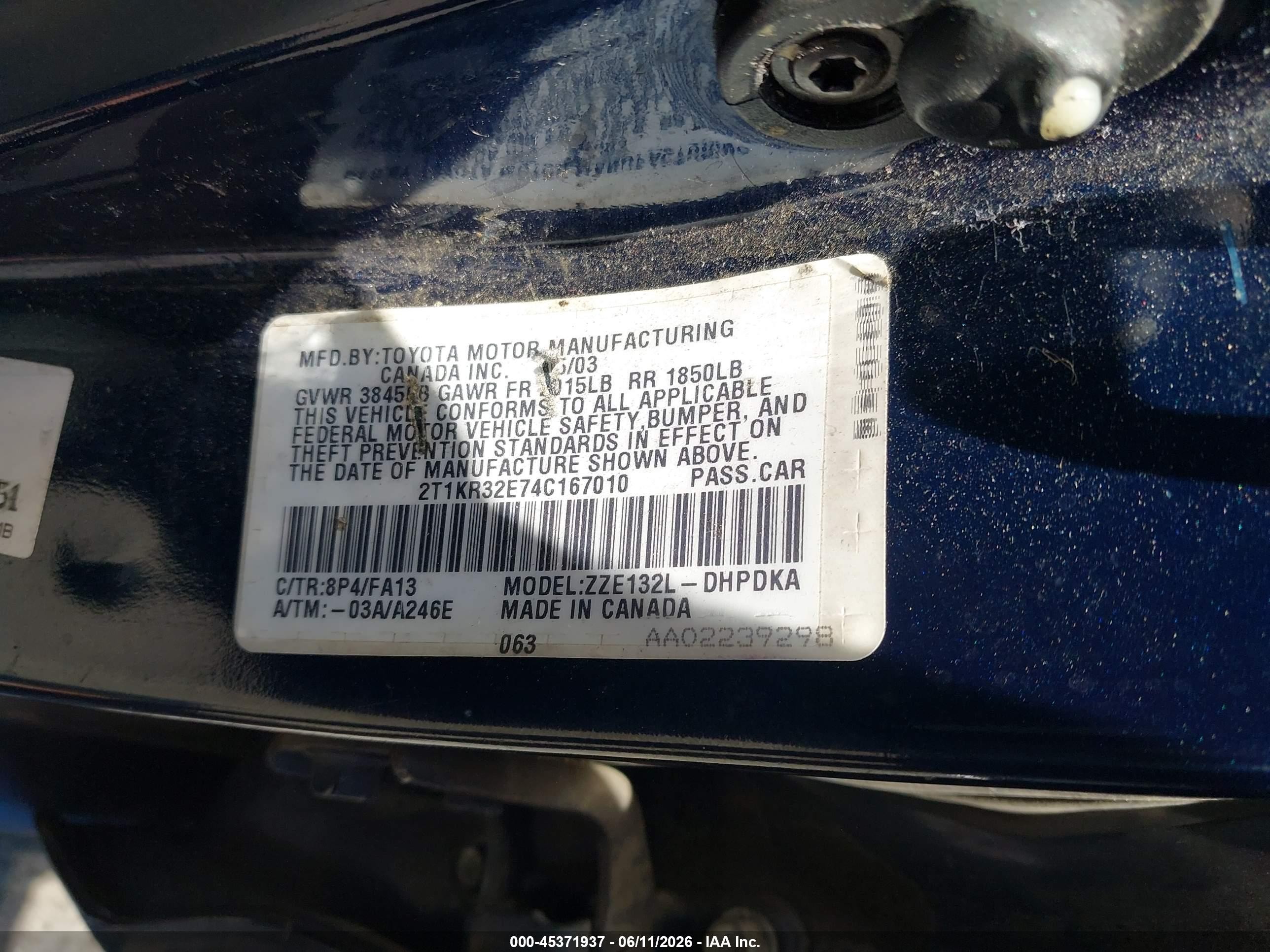 2004 Toyota Matrix Standard Dark Blue vin: 2T1KR32E74C167010