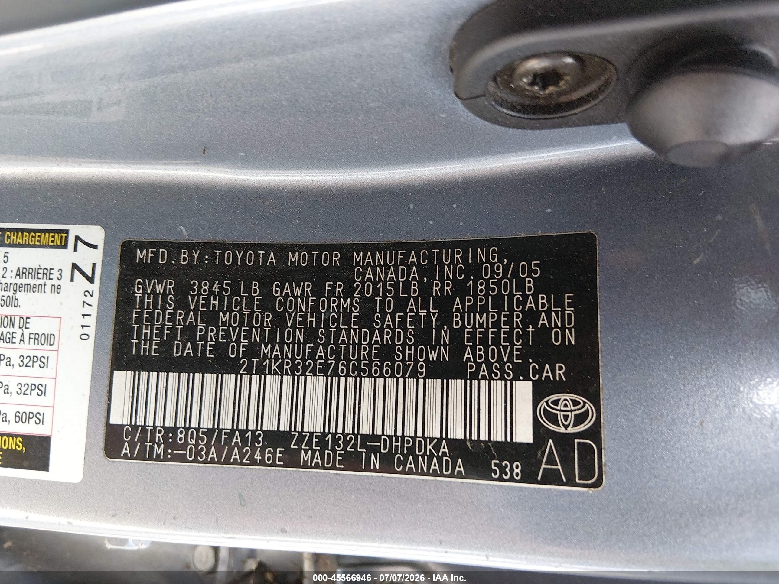 2006 Toyota Matrix   Light Blue vin: 2T1KR32E76C566079