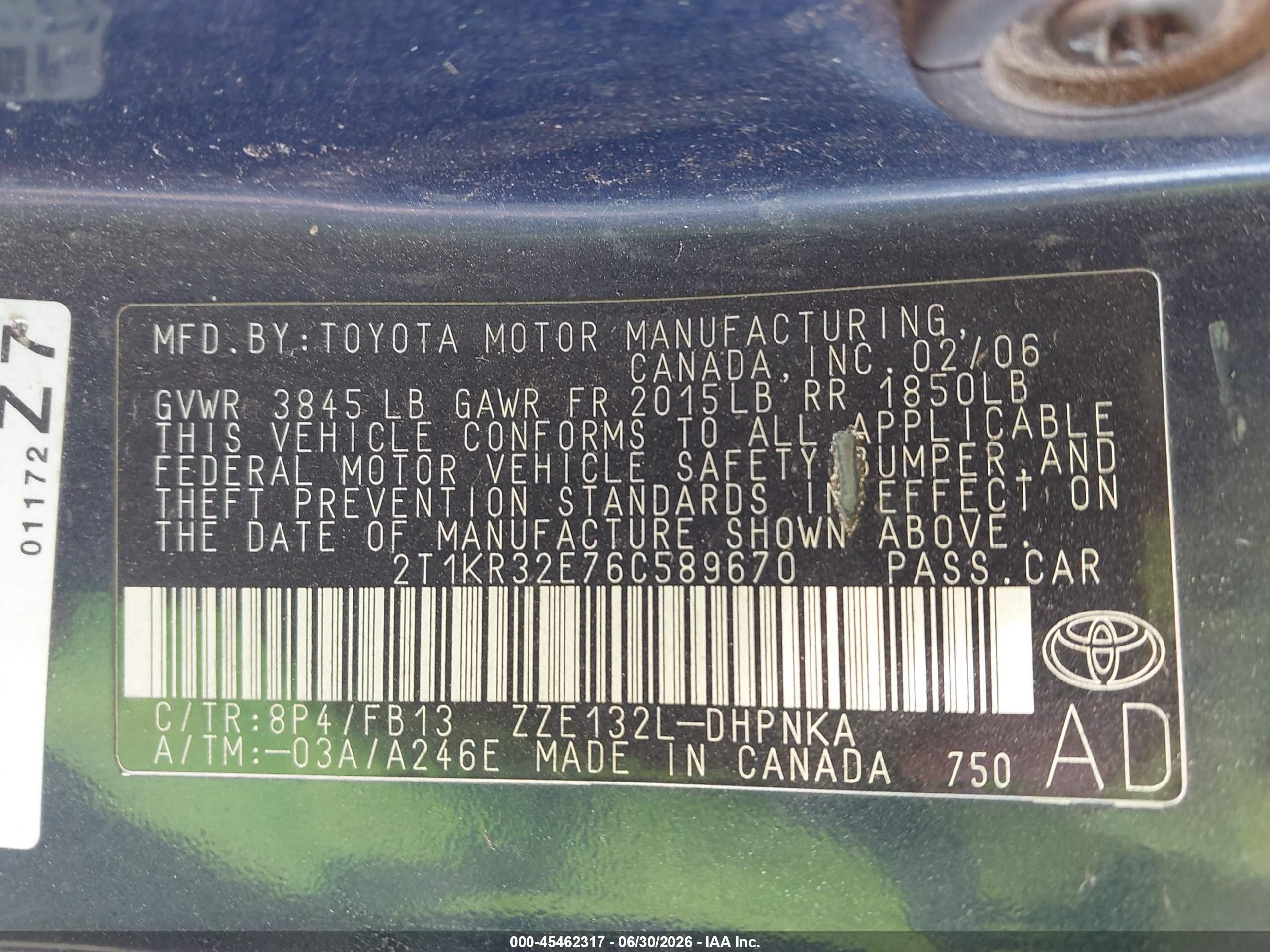 2006 Toyota Matrix Xr Blue vin: 2T1KR32E76C589670