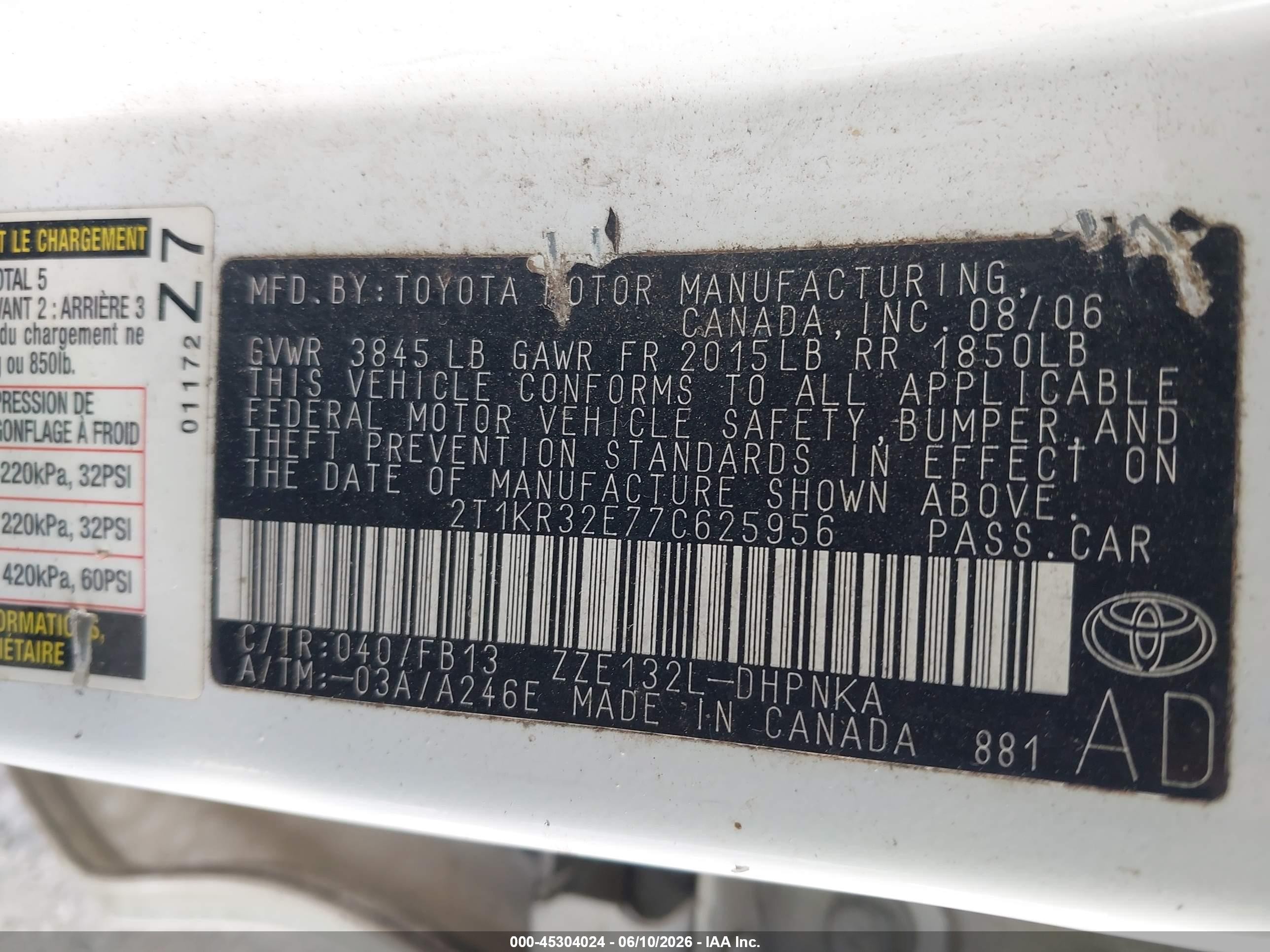 2007 Toyota Matrix Xr Белый vin: 2T1KR32E77C625956