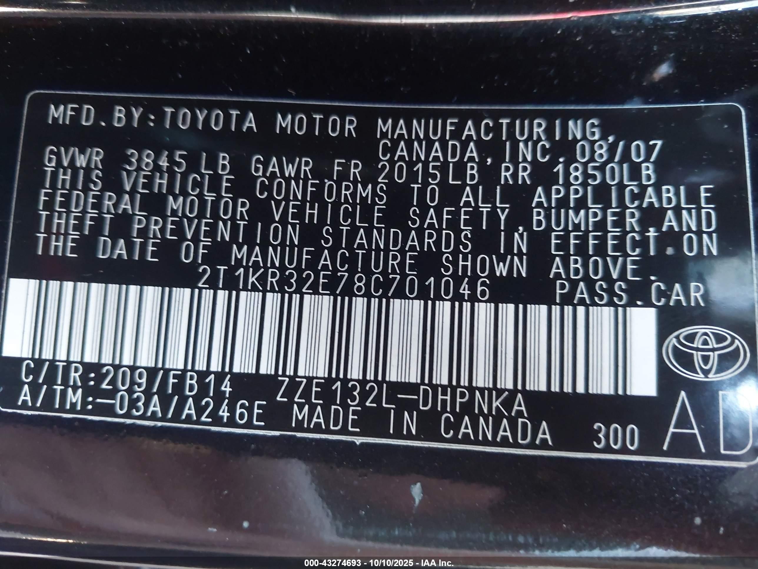 2008 Toyota Matrix Xr Black vin: 2T1KR32E78C701046