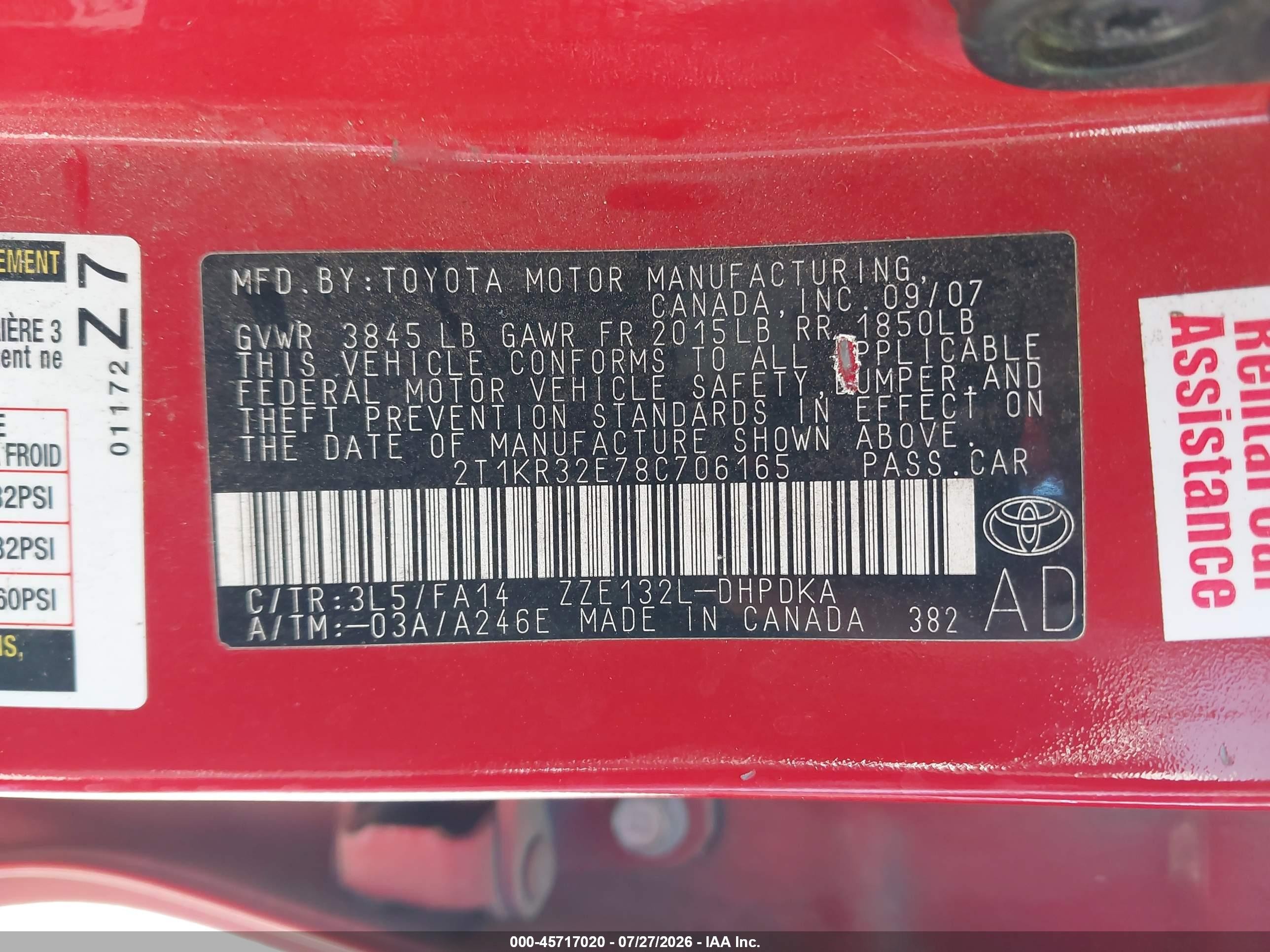2008 Toyota Matrix Std Red vin: 2T1KR32E78C706165