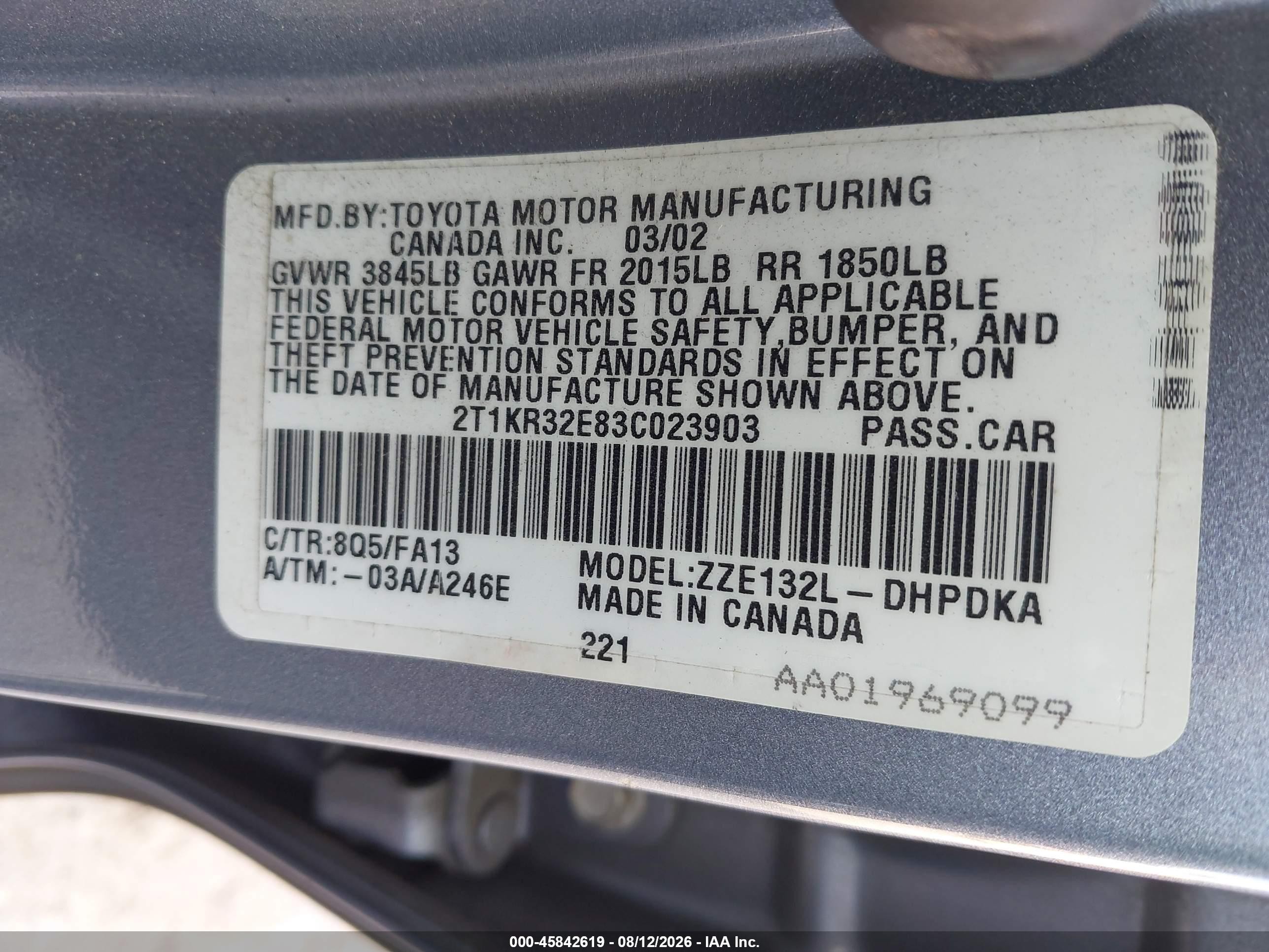 2003 Toyota Matrix Standard Light Blue vin: 2T1KR32E83C023903