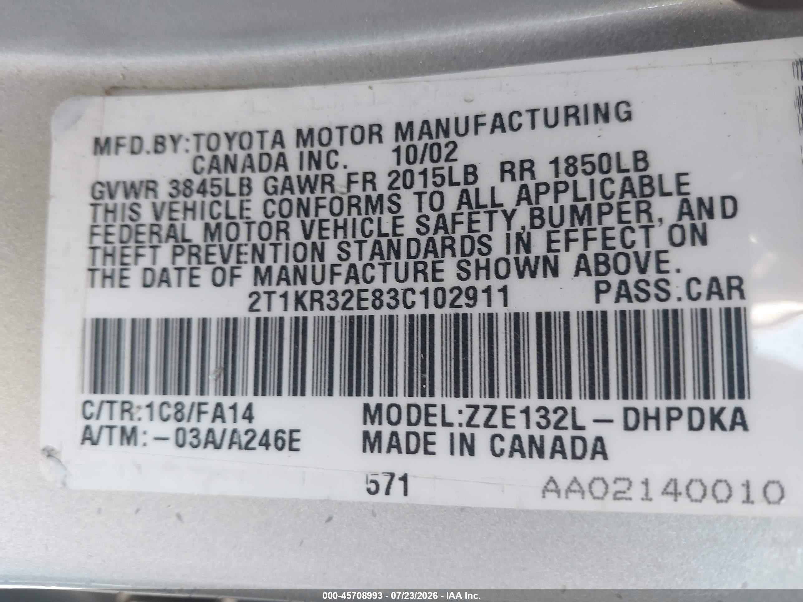 2003 Toyota Matrix Standard Серебряный vin: 2T1KR32E83C102911