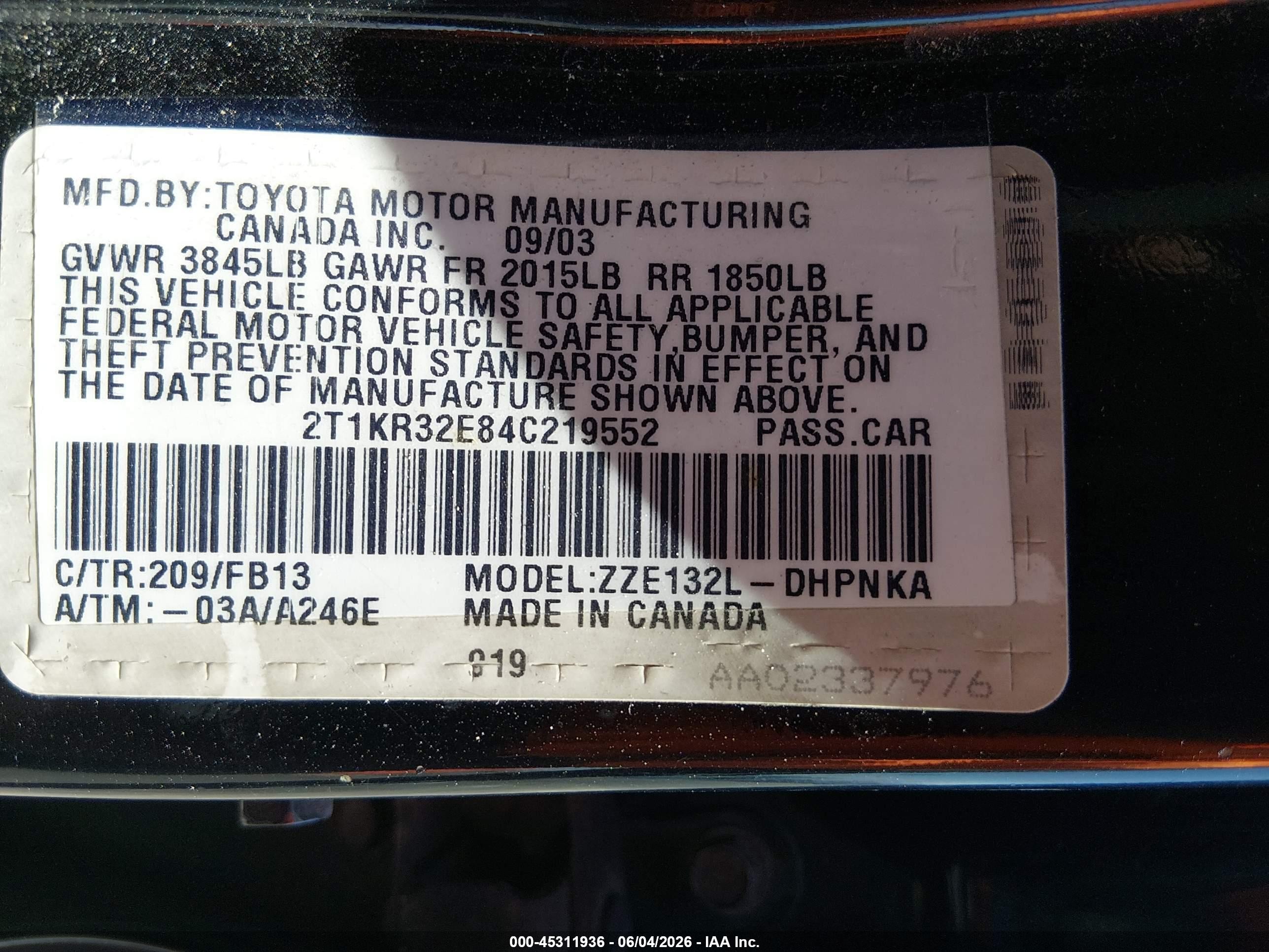 2004 Toyota Matrix Xr Black vin: 2T1KR32E84C219552
