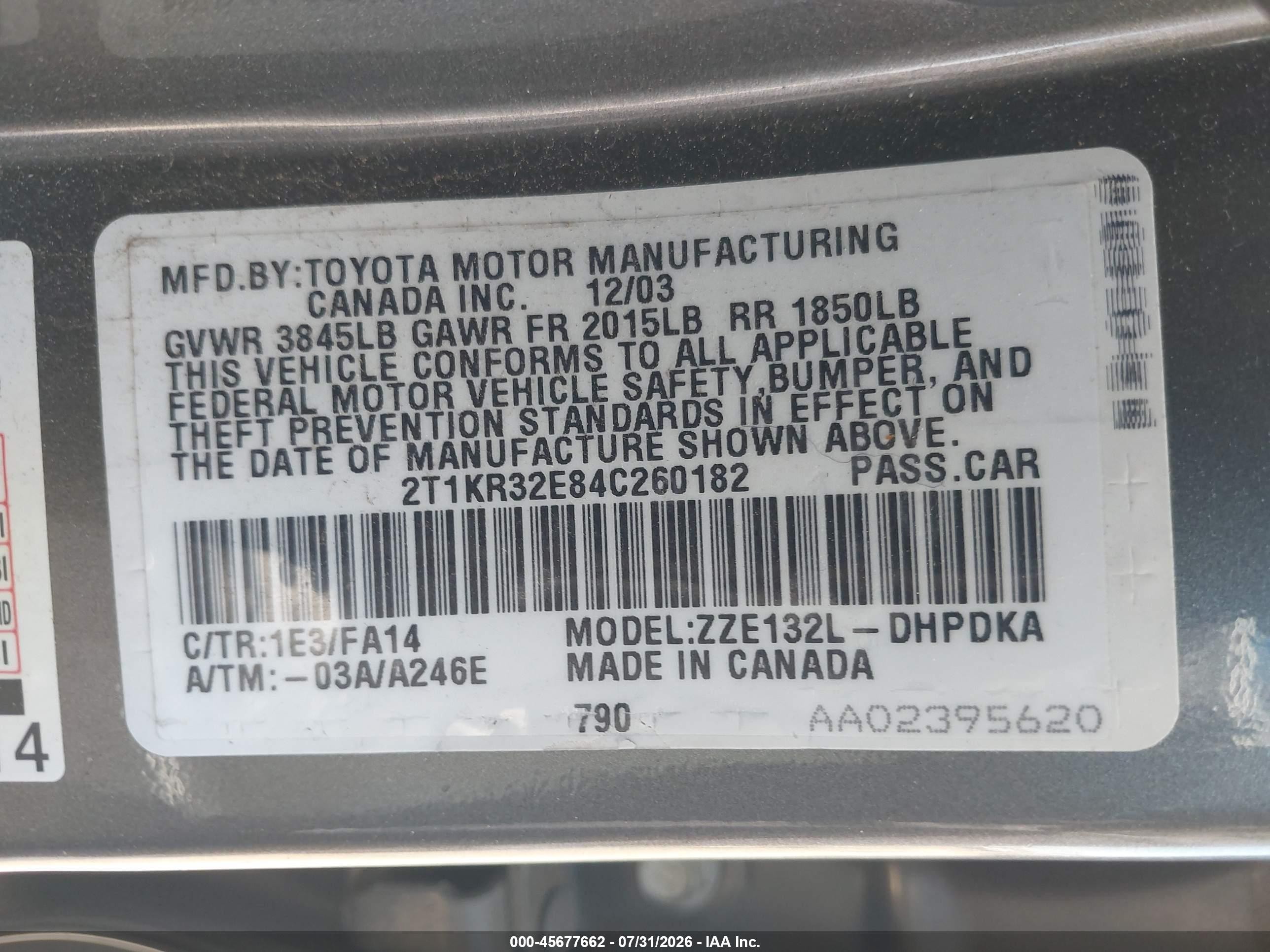 2004 Toyota Matrix Standard Gray vin: 2T1KR32E84C260182