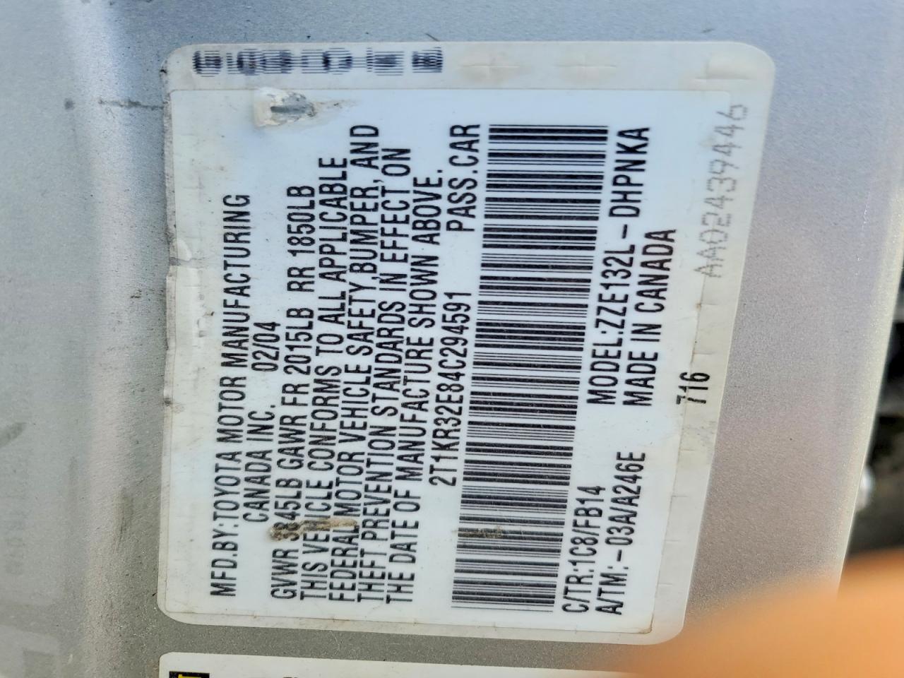 2004 Toyota Matrix Xr Silver vin: 2T1KR32E84C294591