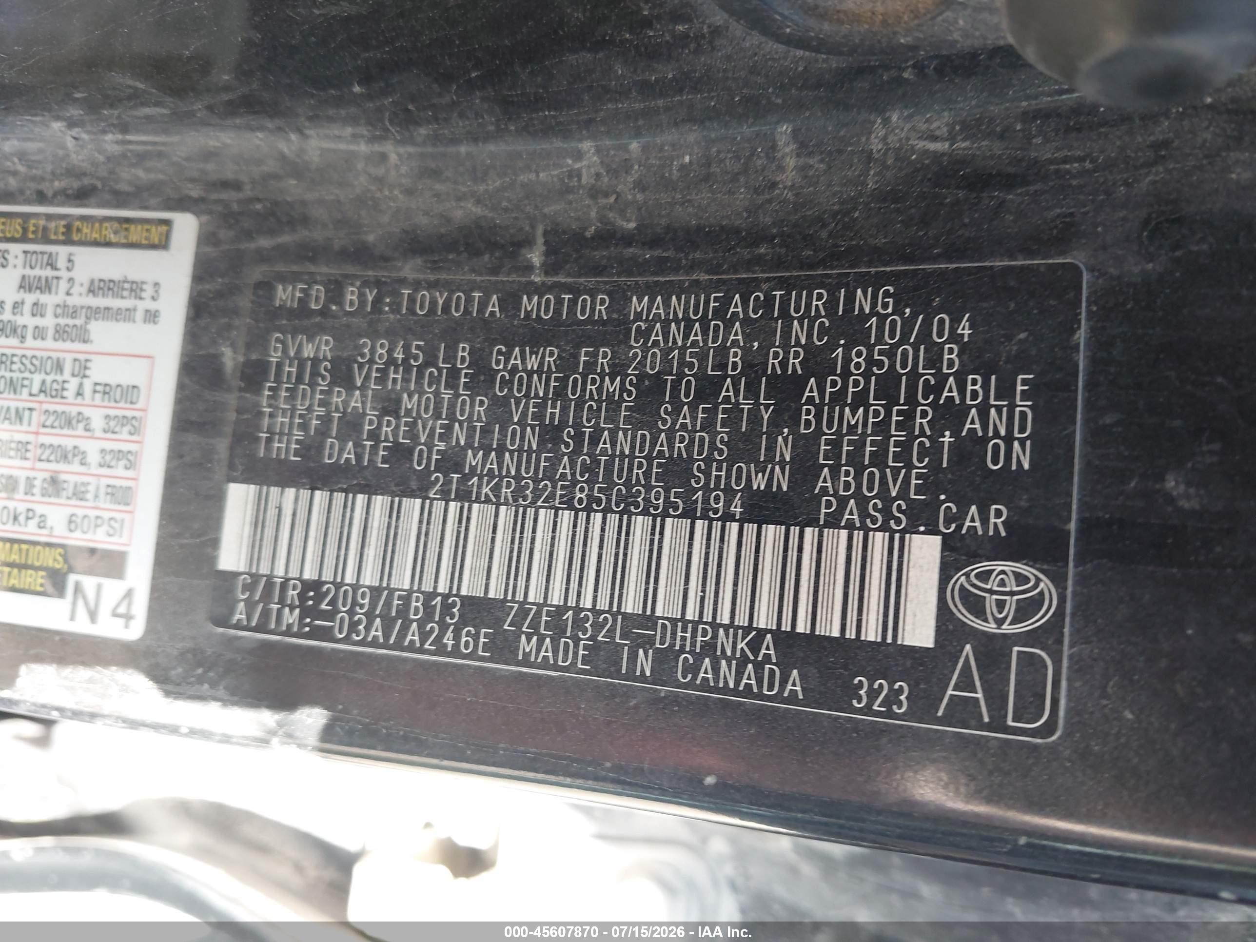 2005 Toyota Matrix Xr Black vin: 2T1KR32E85C395194
