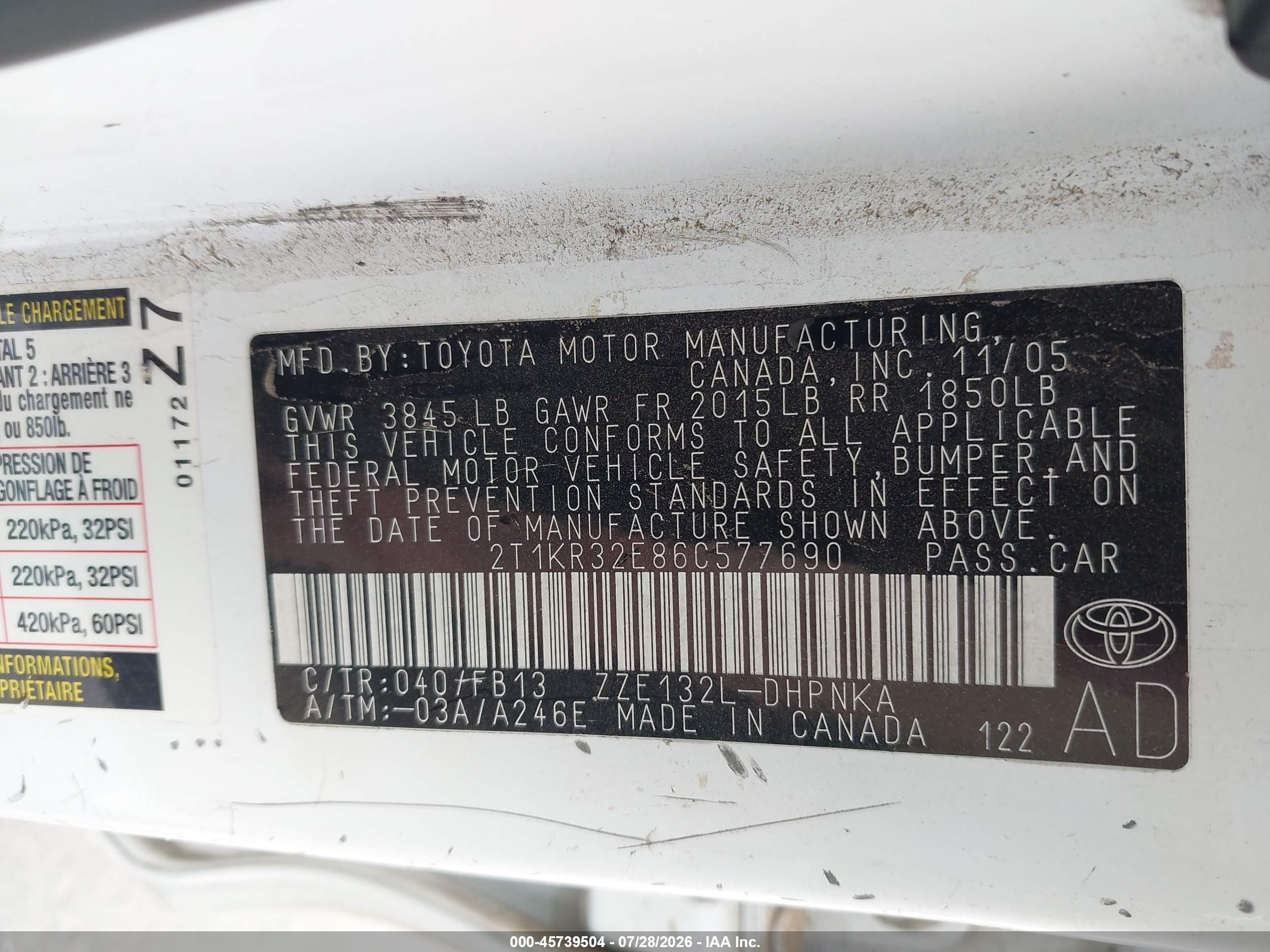 2006 Toyota Matrix Xr White vin: 2T1KR32E86C577690