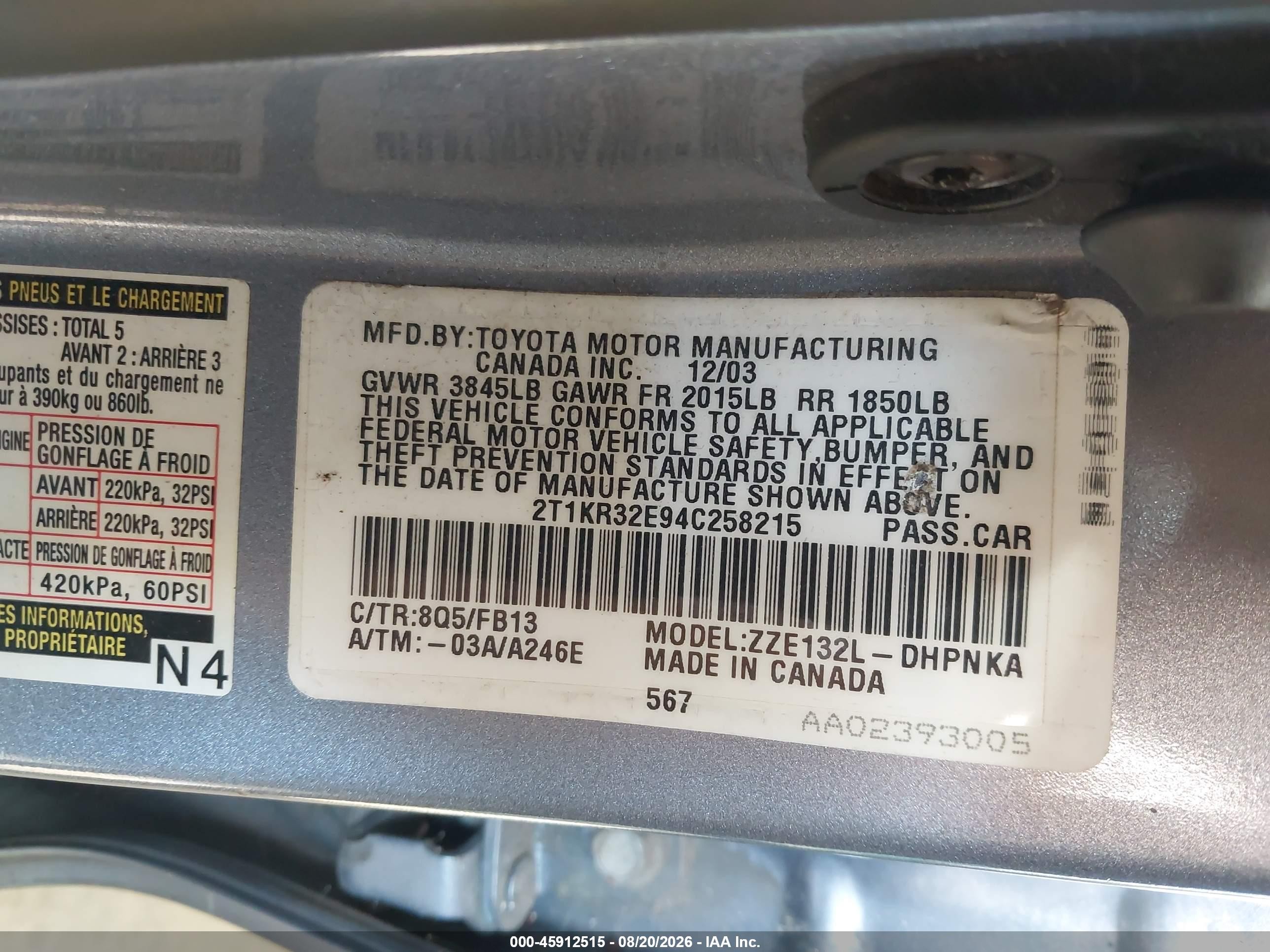2004 Toyota Matrix Xr Light Blue vin: 2T1KR32E94C258215