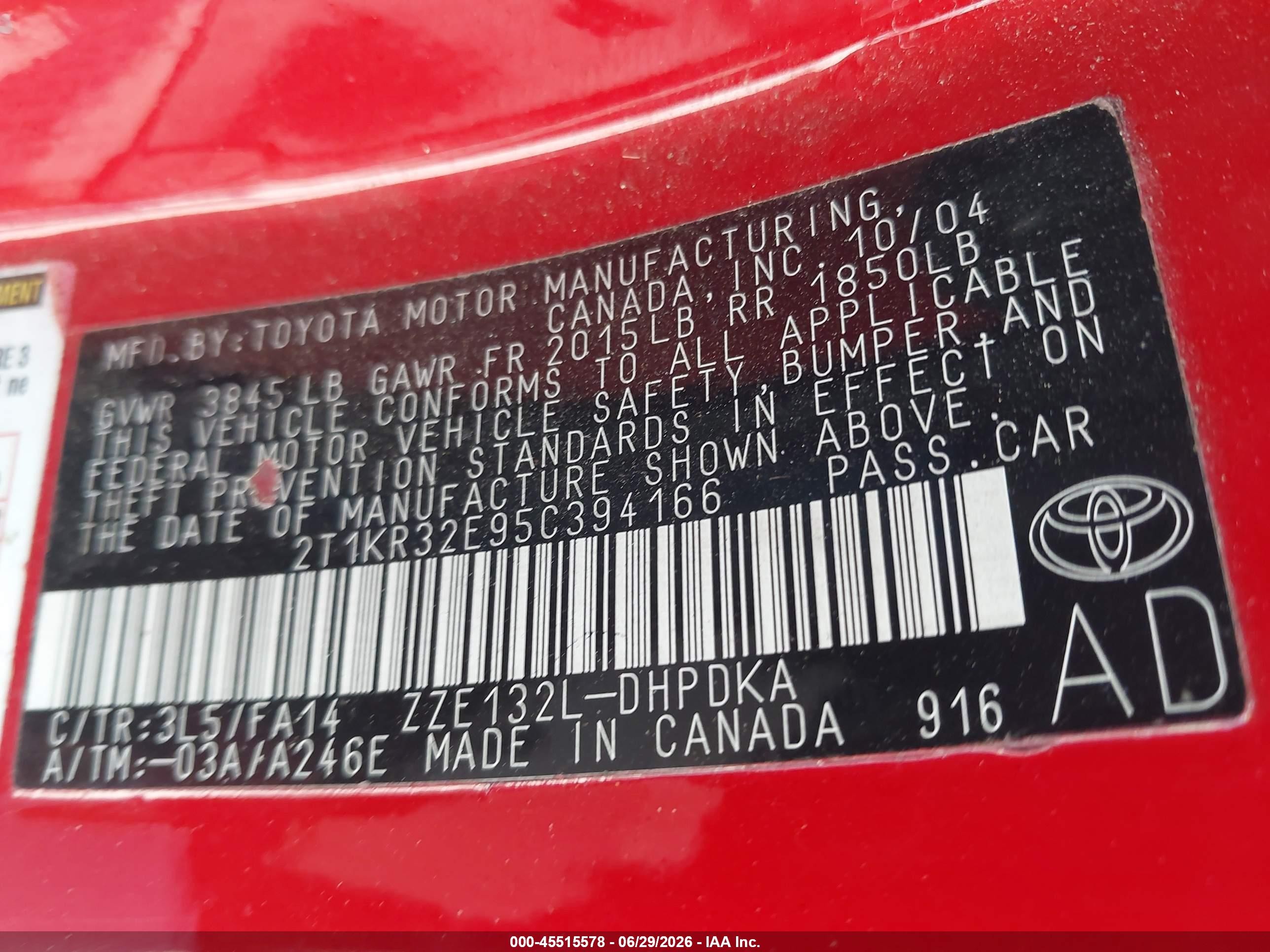 2005 Toyota Matrix   Red vin: 2T1KR32E95C394166