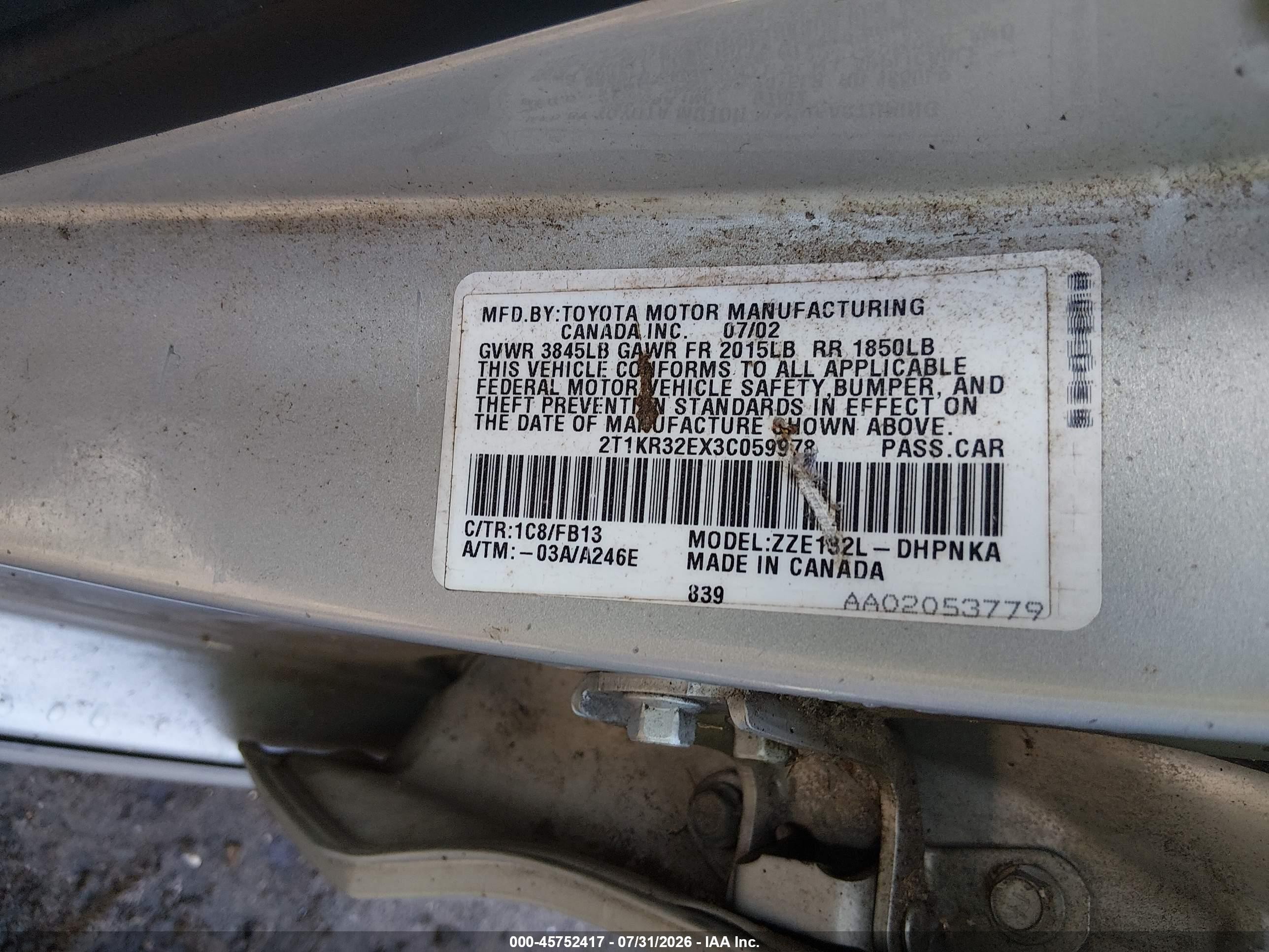 2003 Toyota Matrix Xr Серебряный vin: 2T1KR32EX3C059978