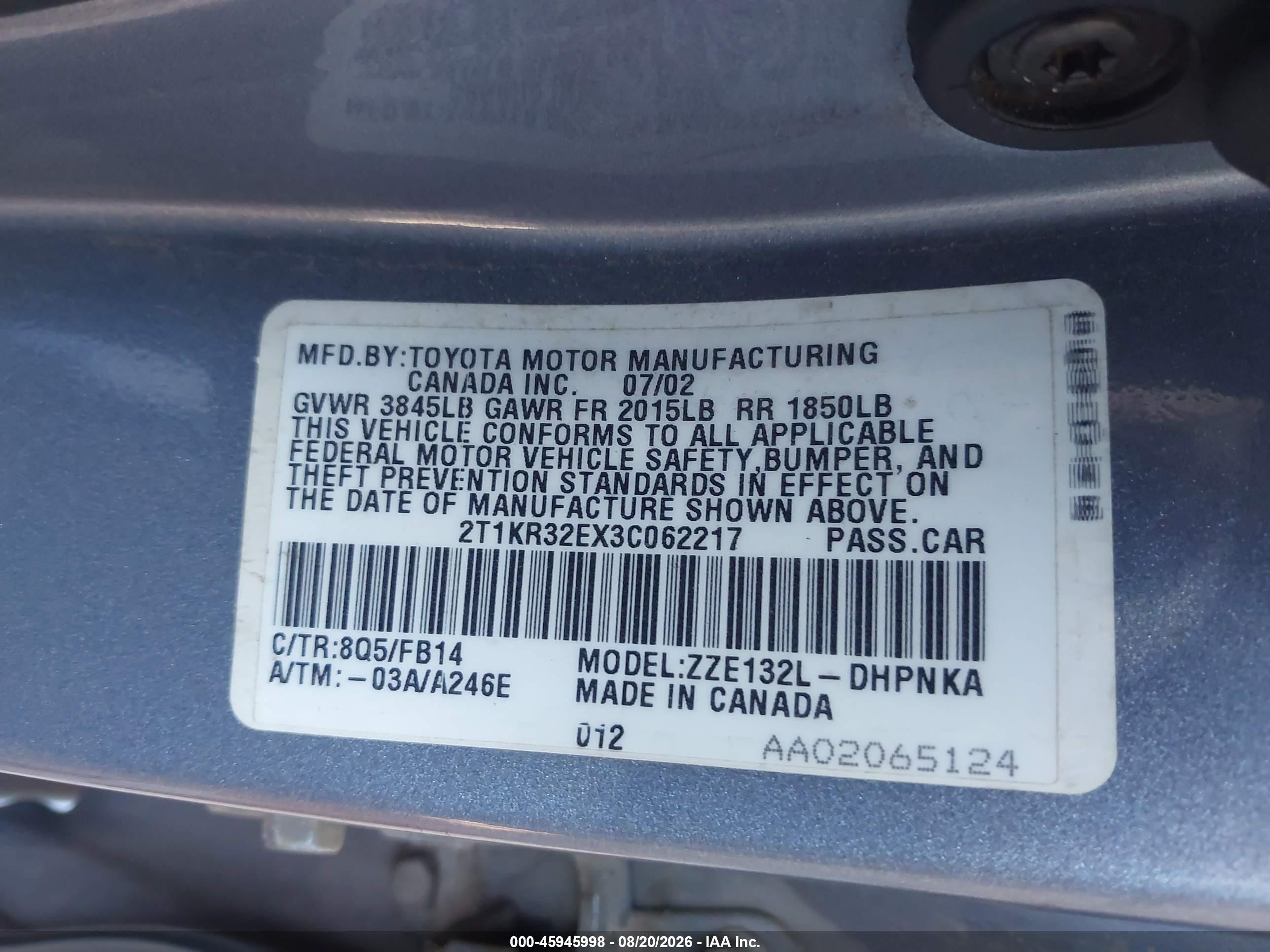 2003 Toyota Matrix Xr Blue vin: 2T1KR32EX3C062217