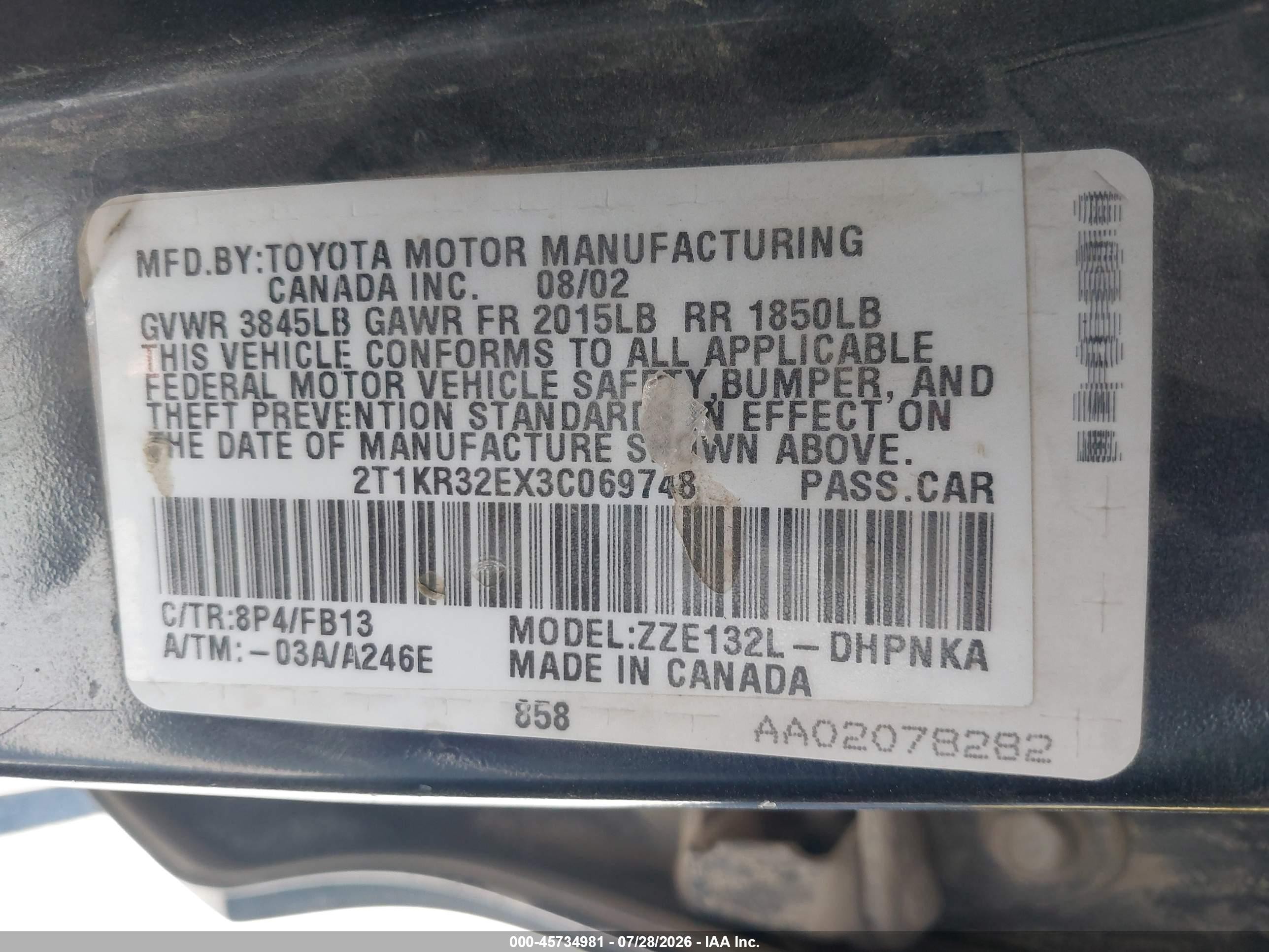 2003 Toyota Matrix Xr Blue vin: 2T1KR32EX3C069748