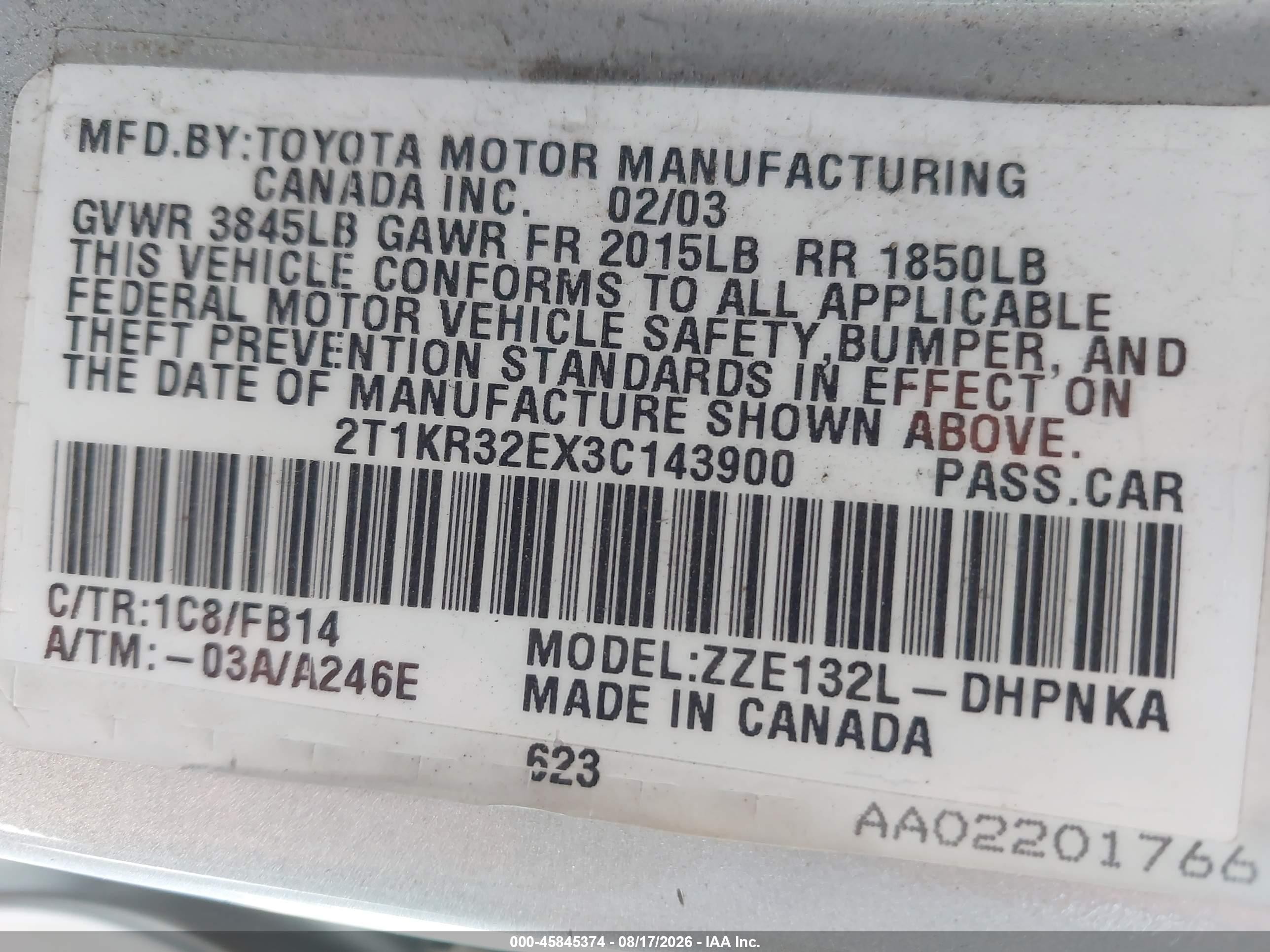 2003 Toyota Matrix Xr Gray vin: 2T1KR32EX3C143900