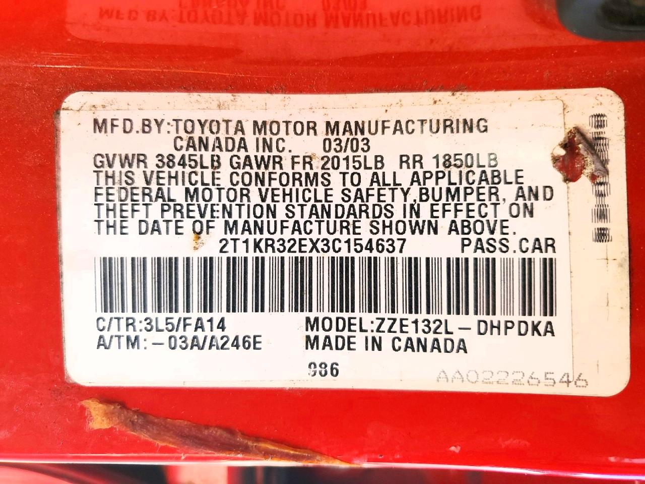 2003 Toyota Matrix Base Red vin: 2T1KR32EX3C154637