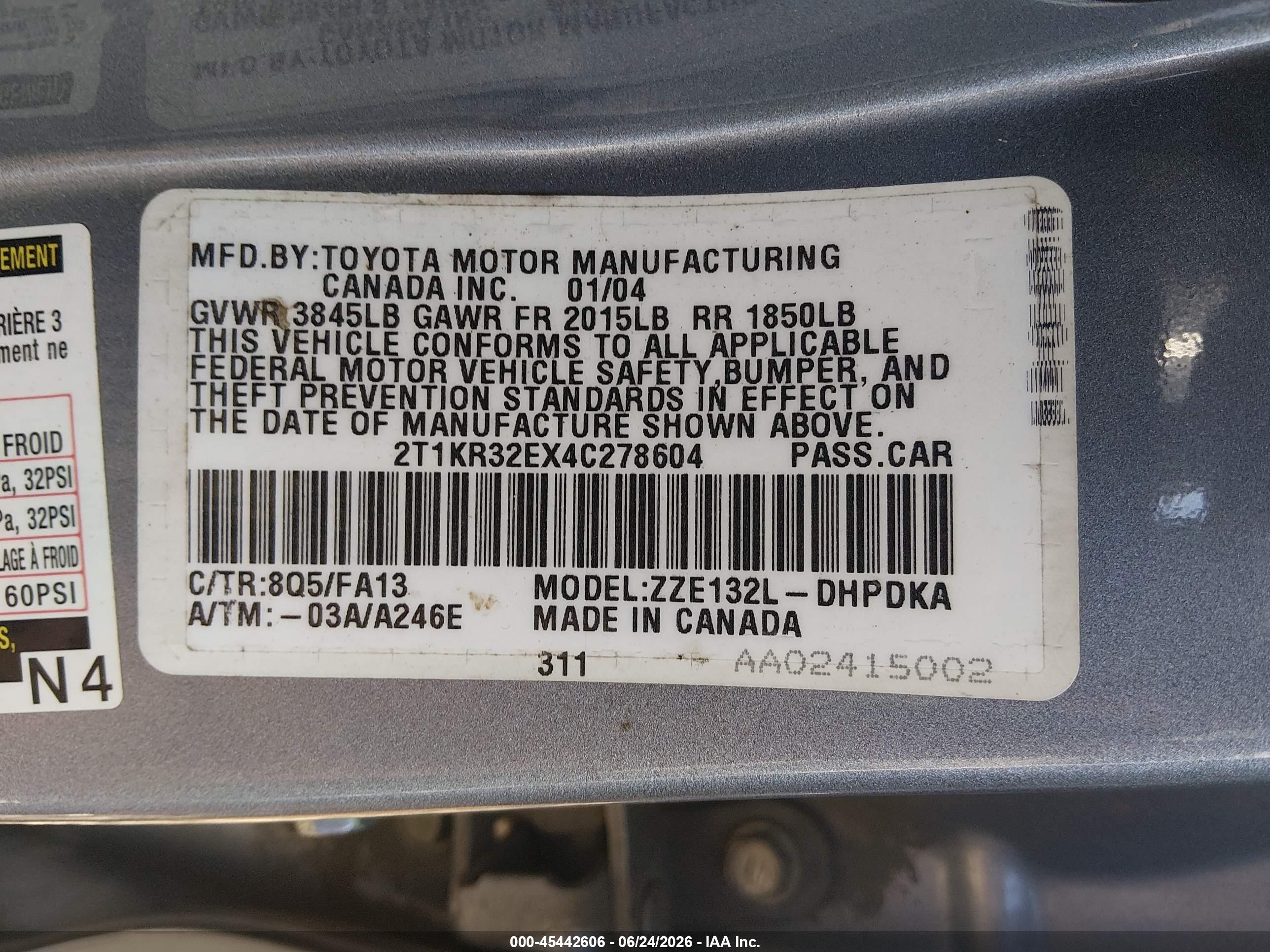 2004 Toyota Matrix Standard Light Blue vin: 2T1KR32EX4C278604