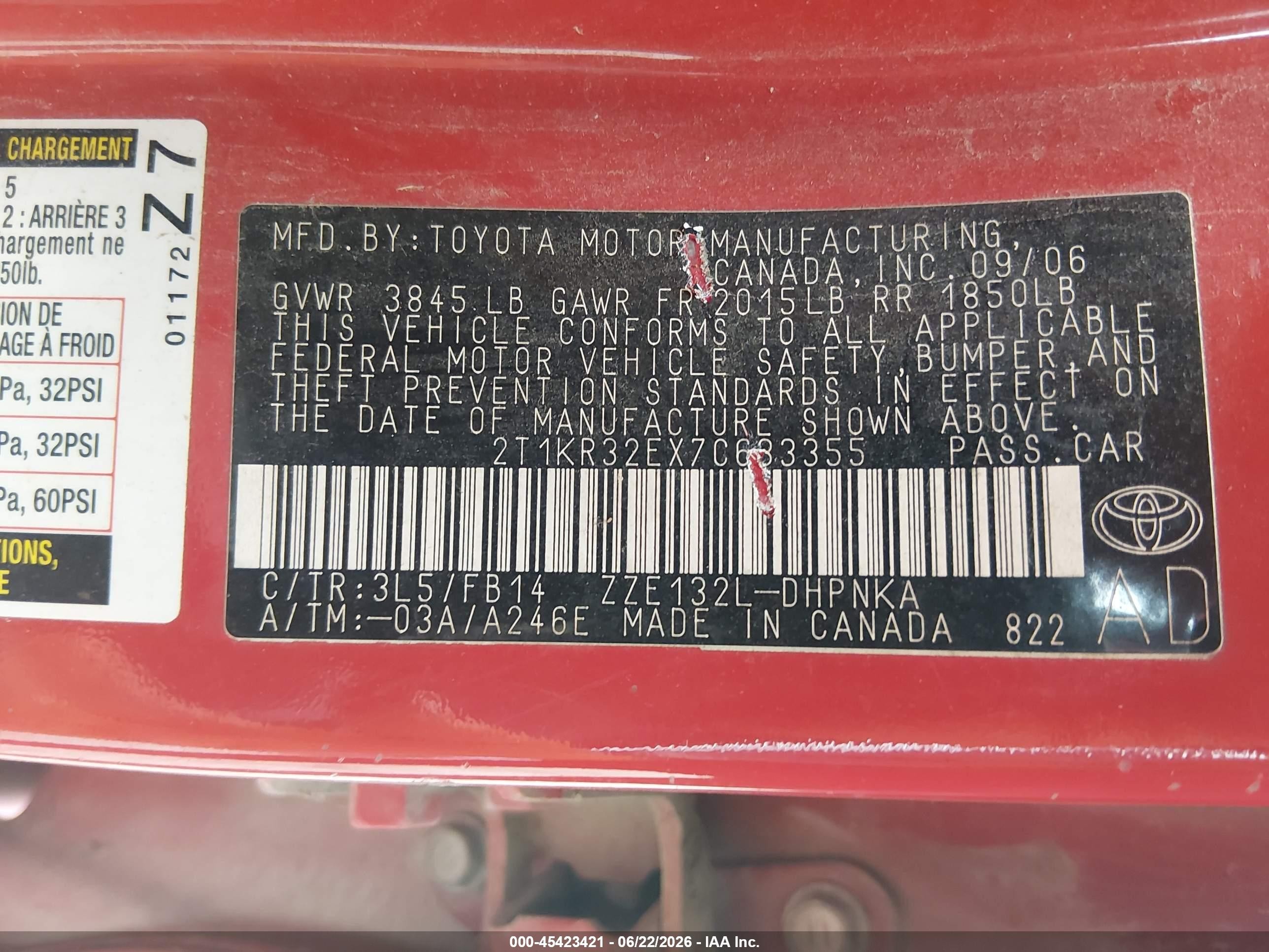 2007 Toyota Matrix Xr Red vin: 2T1KR32EX7C633355