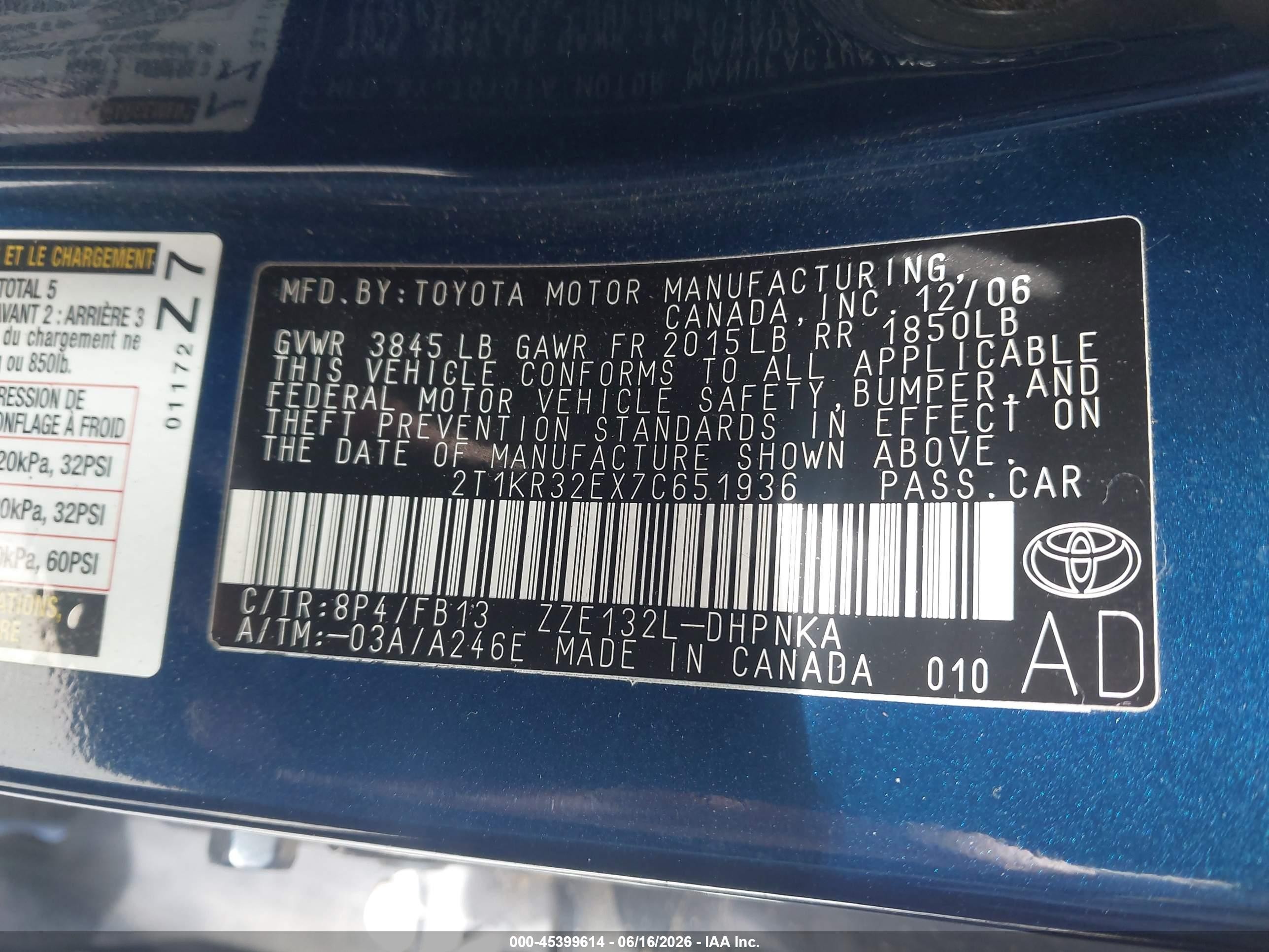 2007 Toyota Matrix Xr Blue vin: 2T1KR32EX7C651936