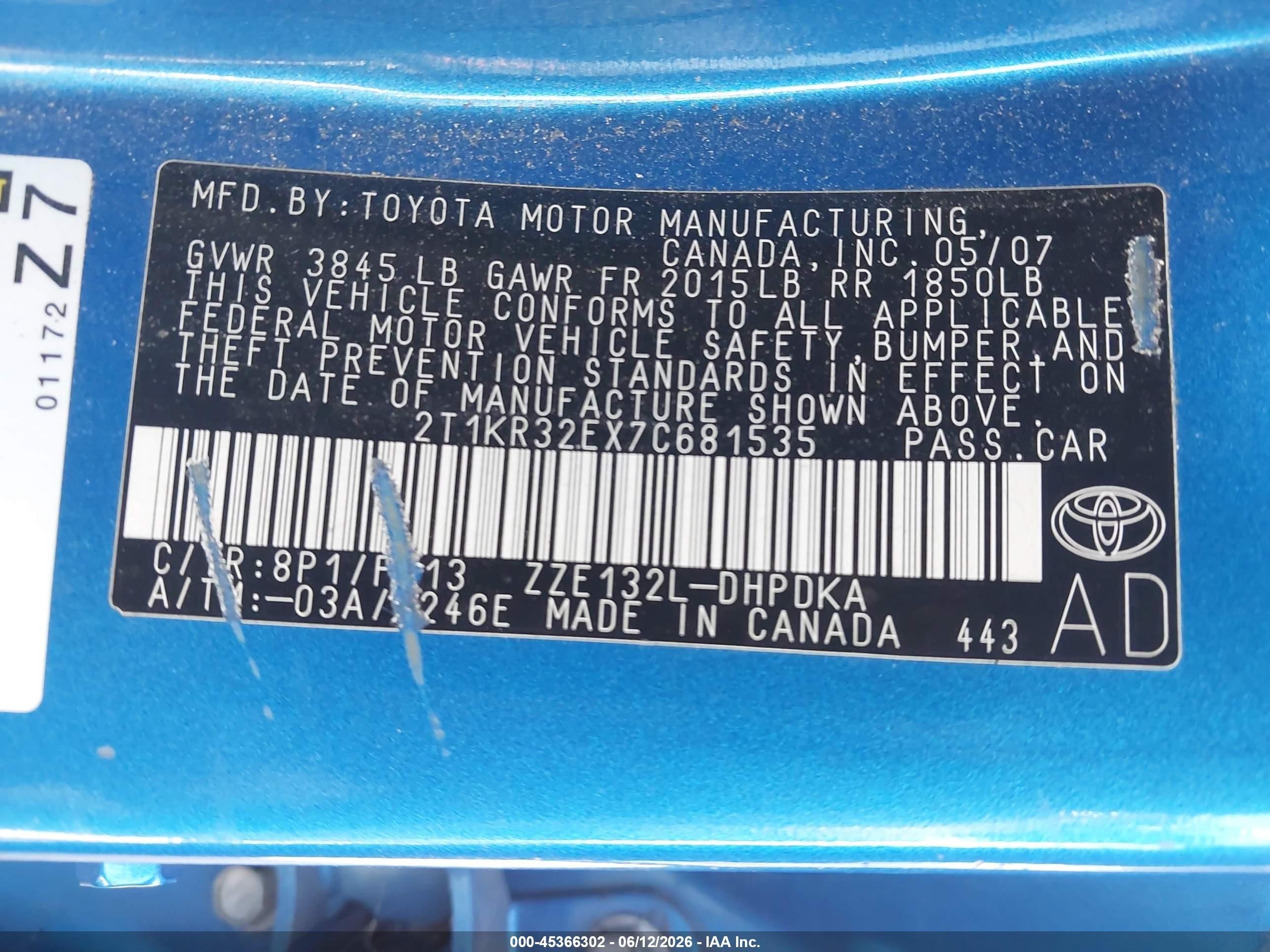 2007 Toyota Matrix   Blue vin: 2T1KR32EX7C681535