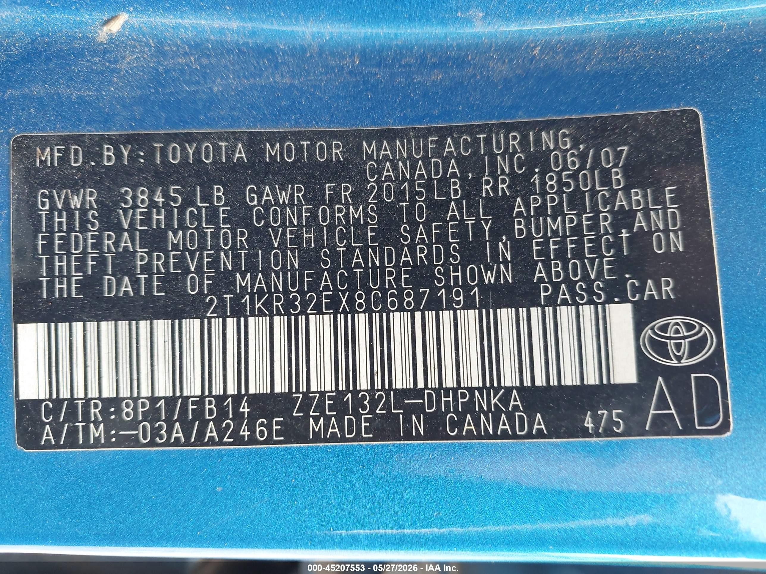 2008 Toyota Matrix Xr Blue vin: 2T1KR32EX8C687191