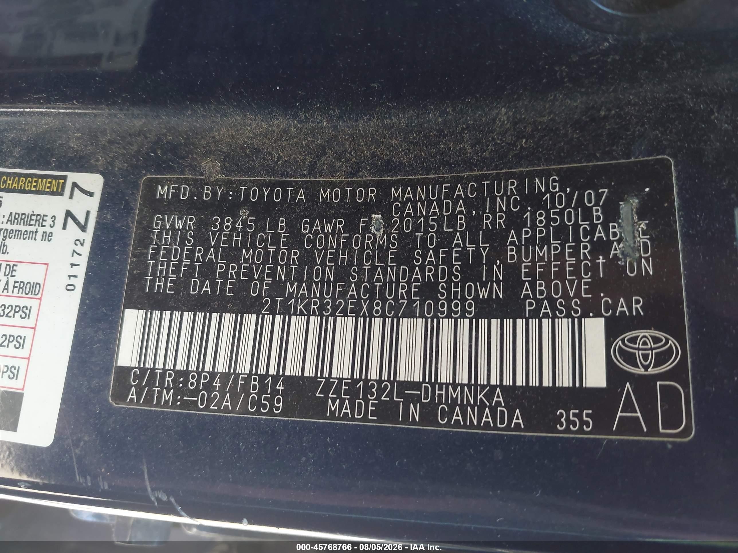2008 Toyota Matrix Xr Blue vin: 2T1KR32EX8C710999