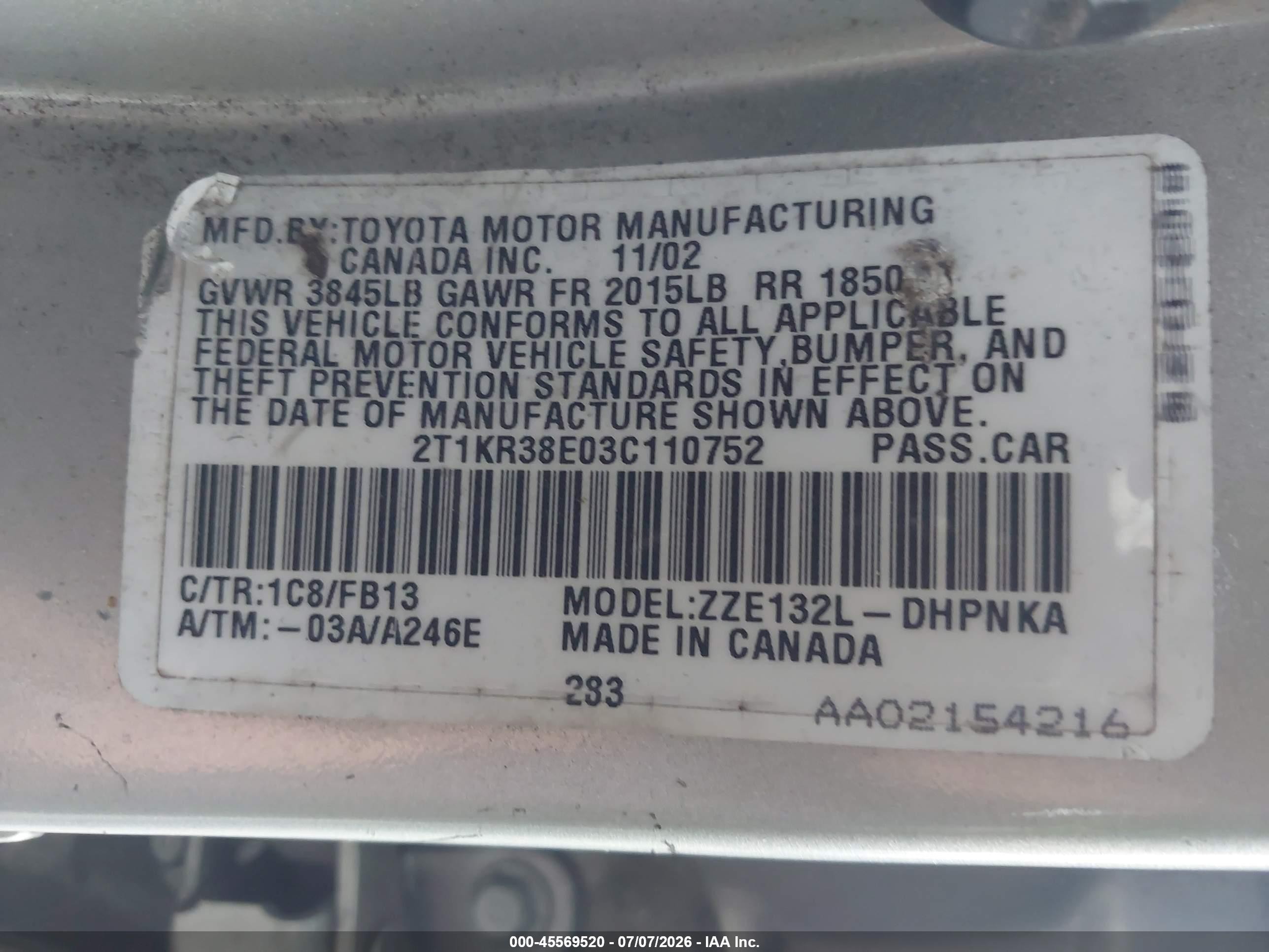 2003 Toyota Matrix Xr Silver vin: 2T1KR38E03C110752