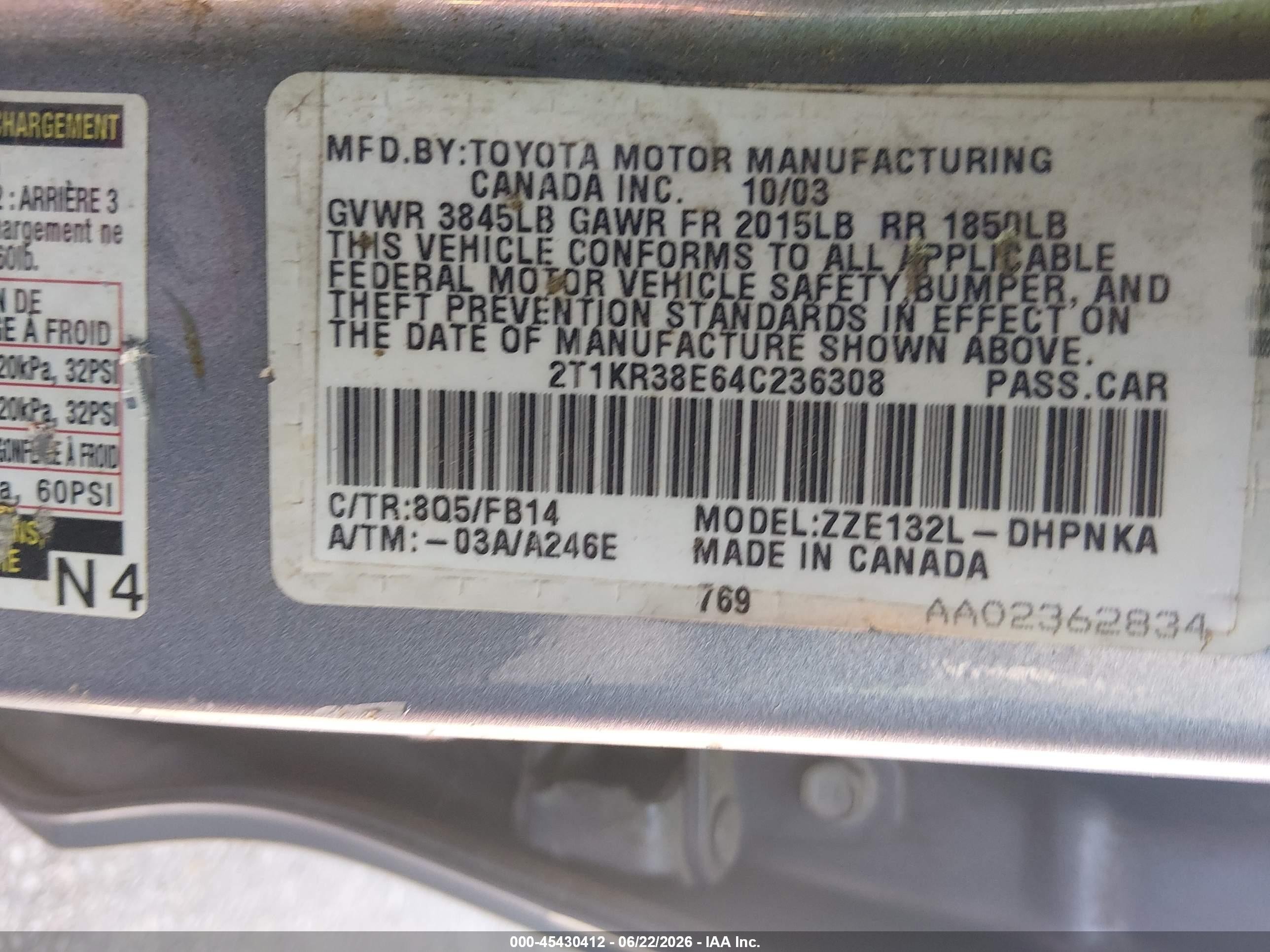 2004 Toyota Matrix Xr Blue vin: 2T1KR38E64C236308