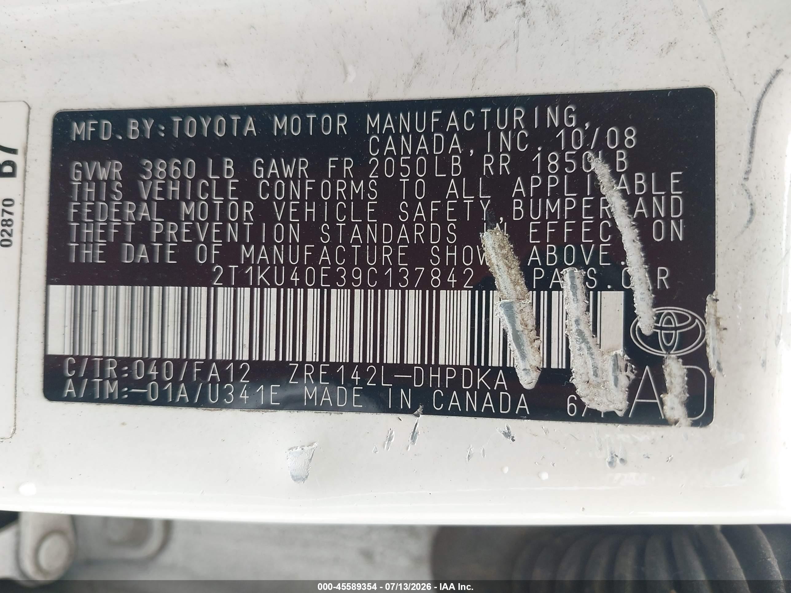 2009 Toyota Matrix   Белый vin: 2T1KU40E39C137842